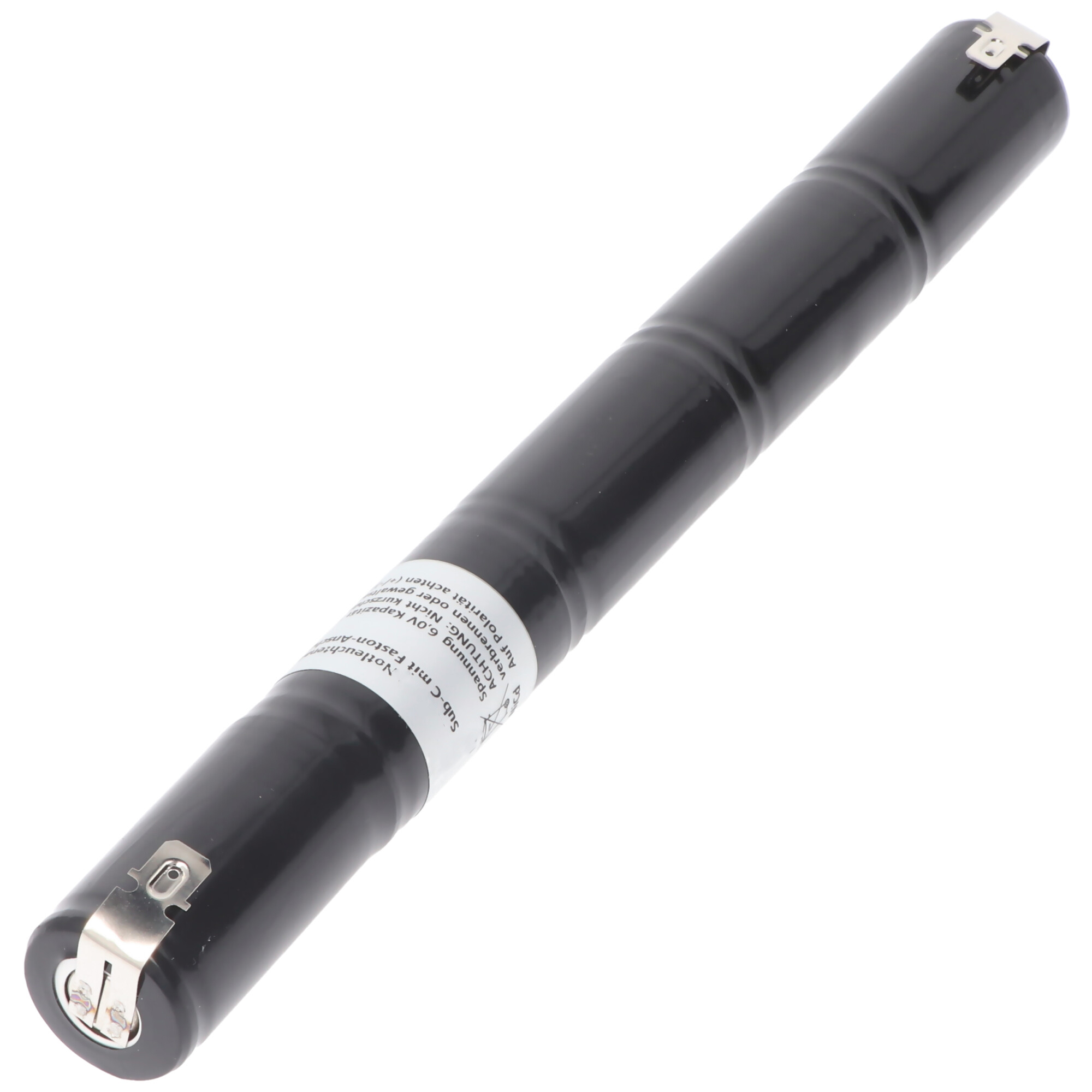 Schwarze, zylindrische Batterie mit weißem Etikett und metallischen Endkappen.