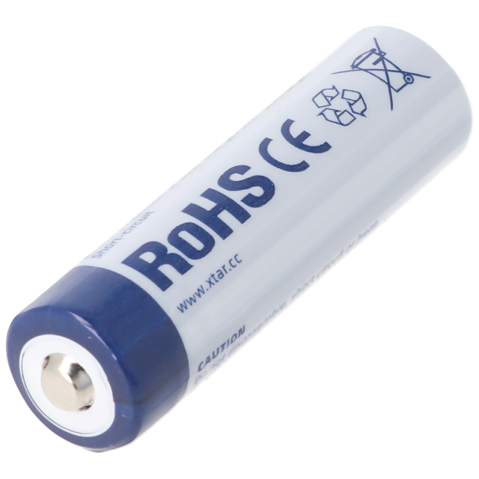 Witte en blauwe oplaadbare batterij met ROHS CE en andere markeringen.