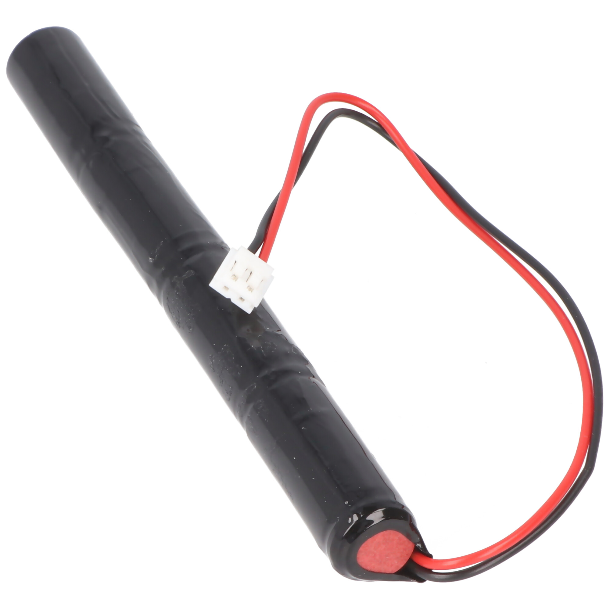 Schwarz zylindrische Batterie mit roten und schwarzen Drähten, weißem Stecker.