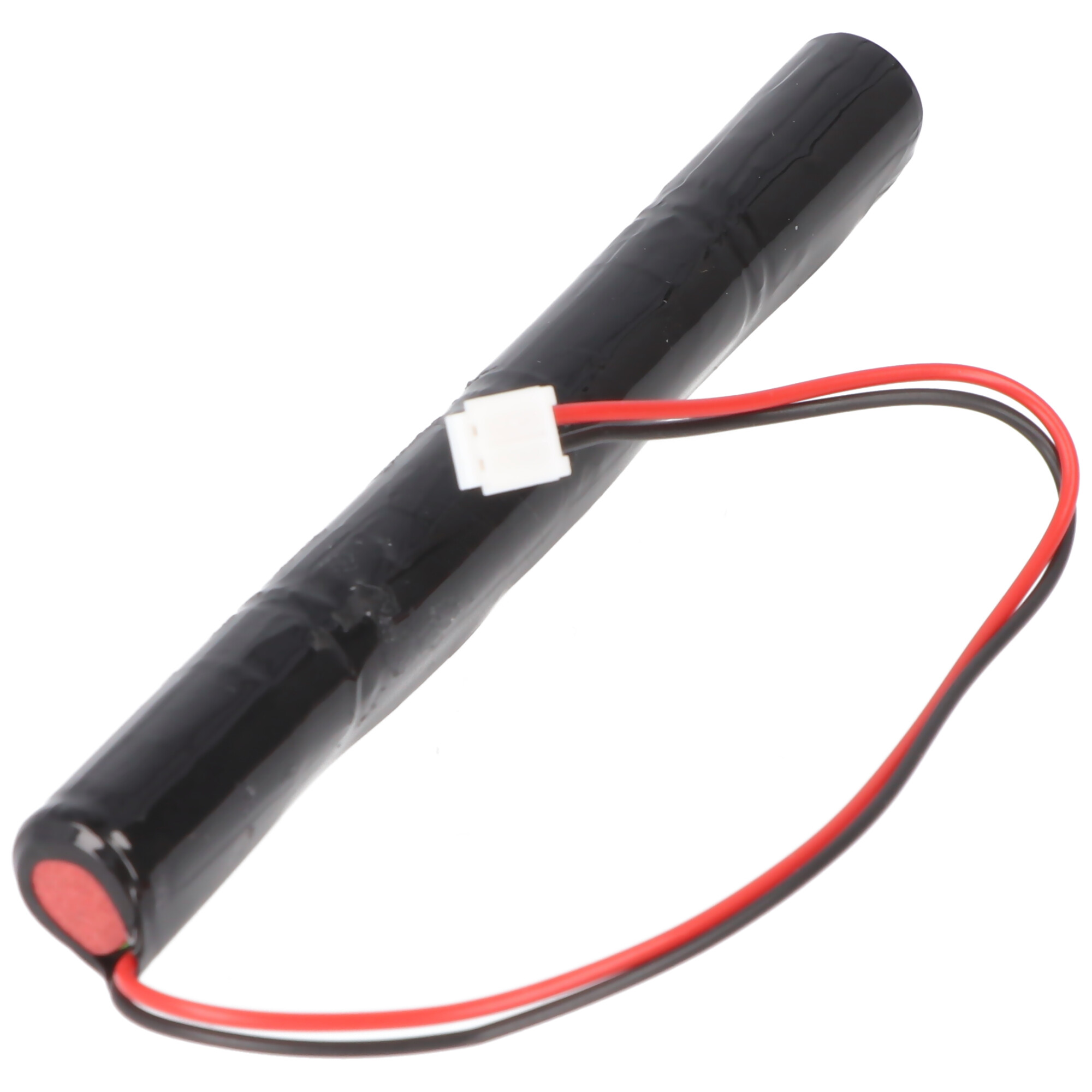 Schwarze zylindrische Batterie mit roten und schwarzen Drähten, die an einen weißen Stecker angeschlossen sind.