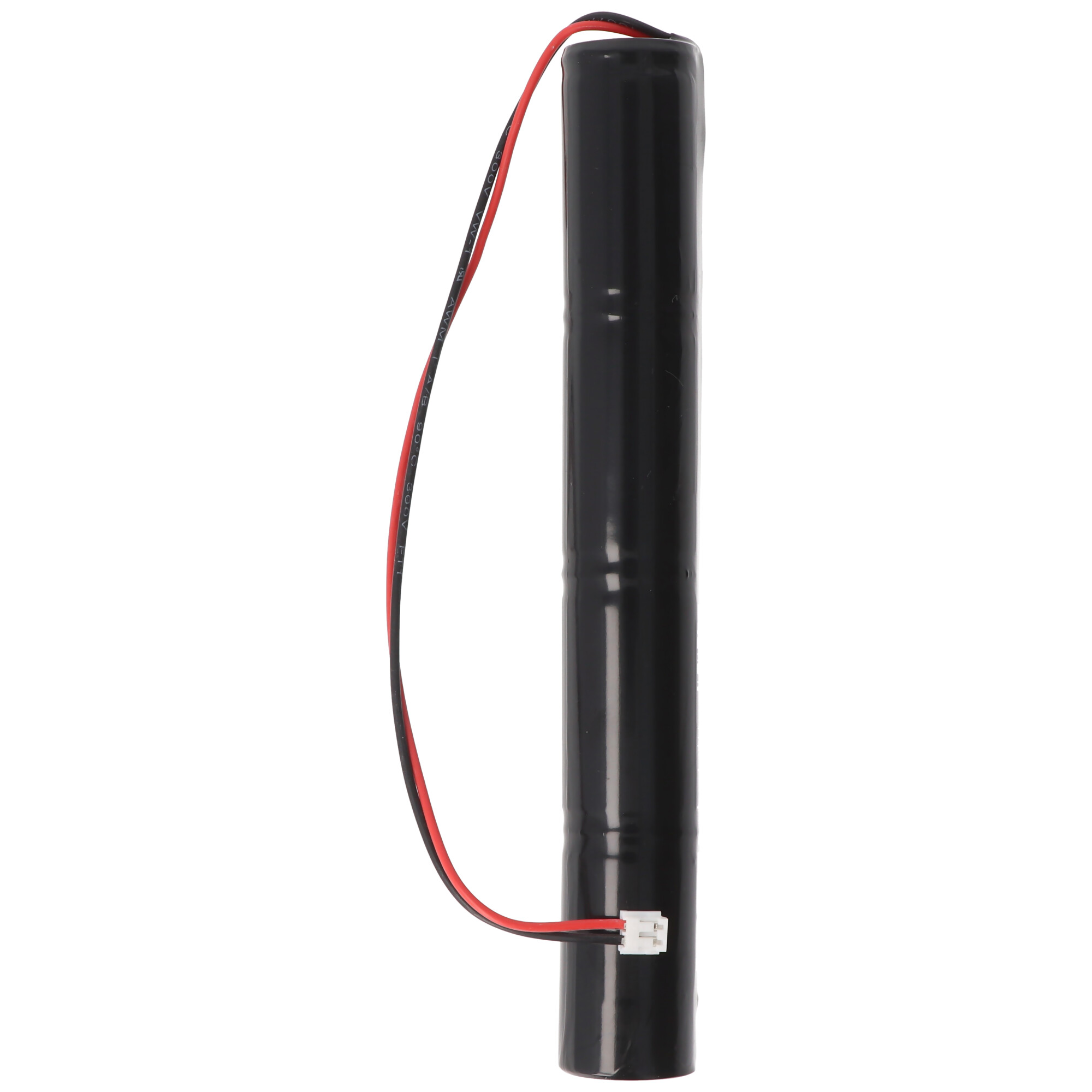 Eine schwarze, zylindrische Batterie mit roten und schwarzen Drähten.
