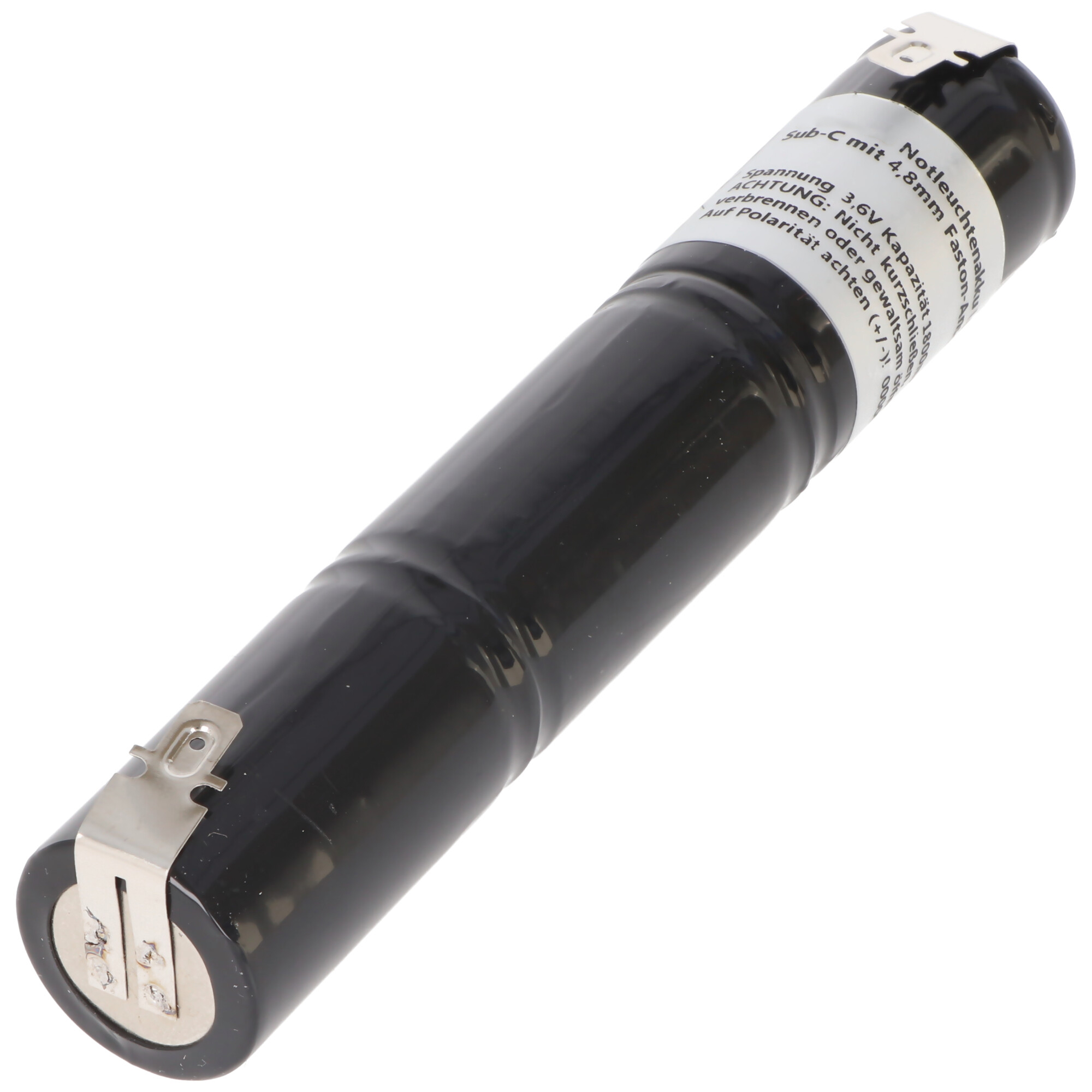 Schwarze zylindrische Batterie mit Metallclips und Etiketten.