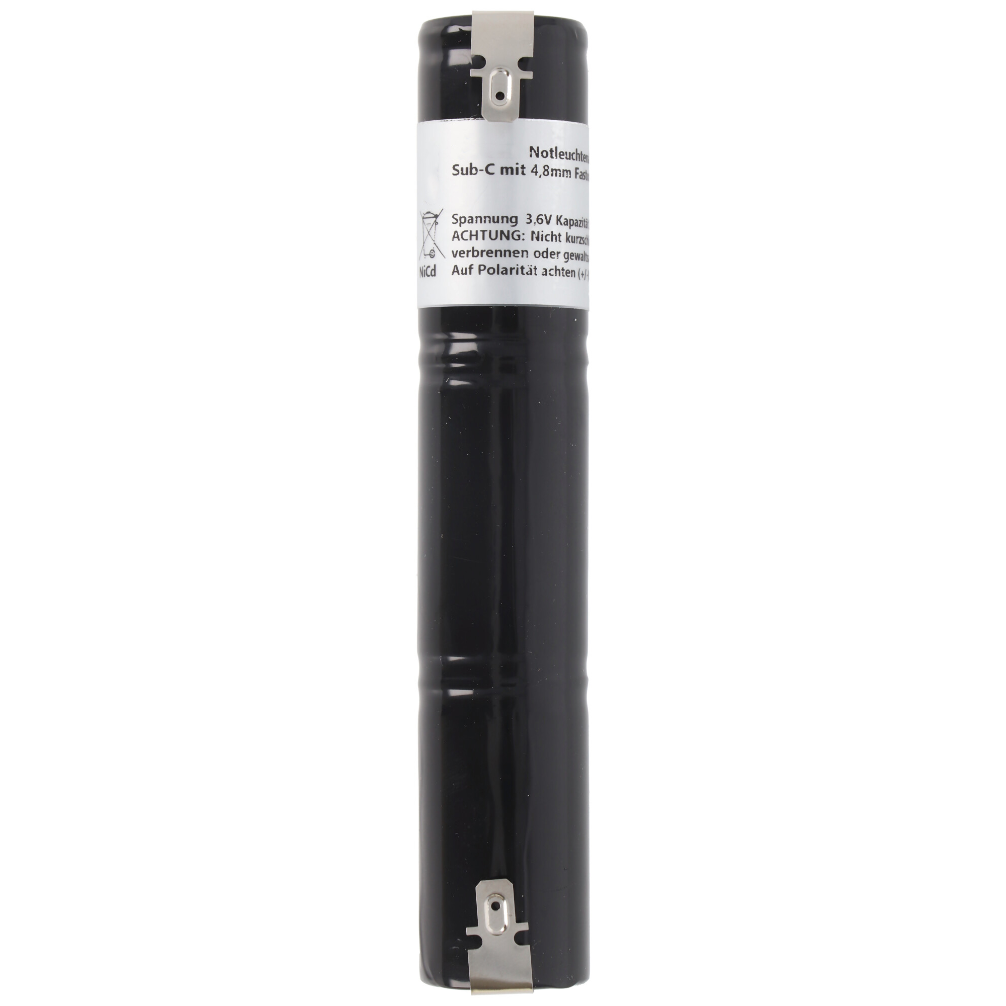 Ein schwarzer Batteriezylinder mit weißem Etikett. Das Etikett enthält technische Informationen.