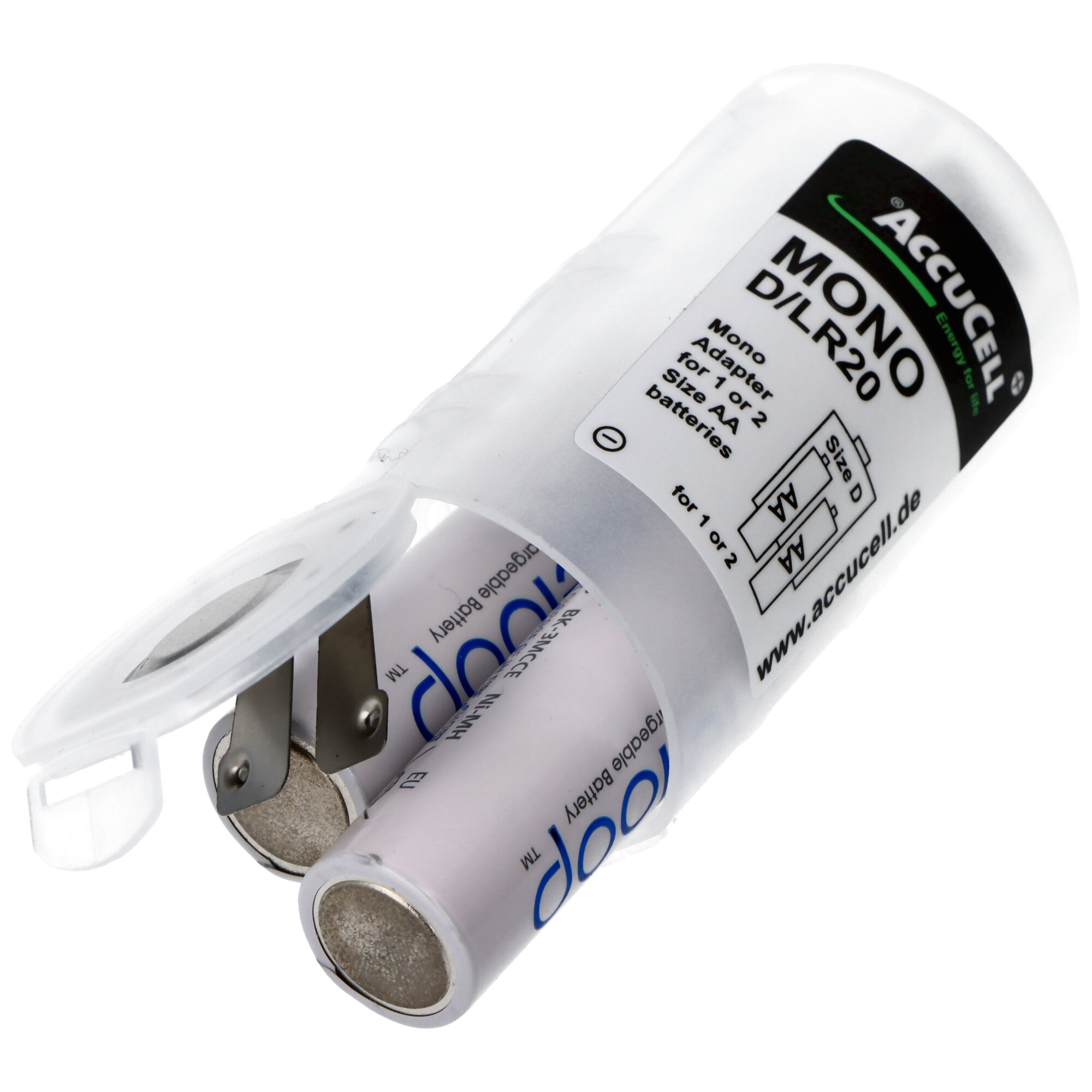 Weißer zylindrischer Behälter mit AA-Batterien. Deckel offen. Mit Markenname und Batterietyp beschriftet.