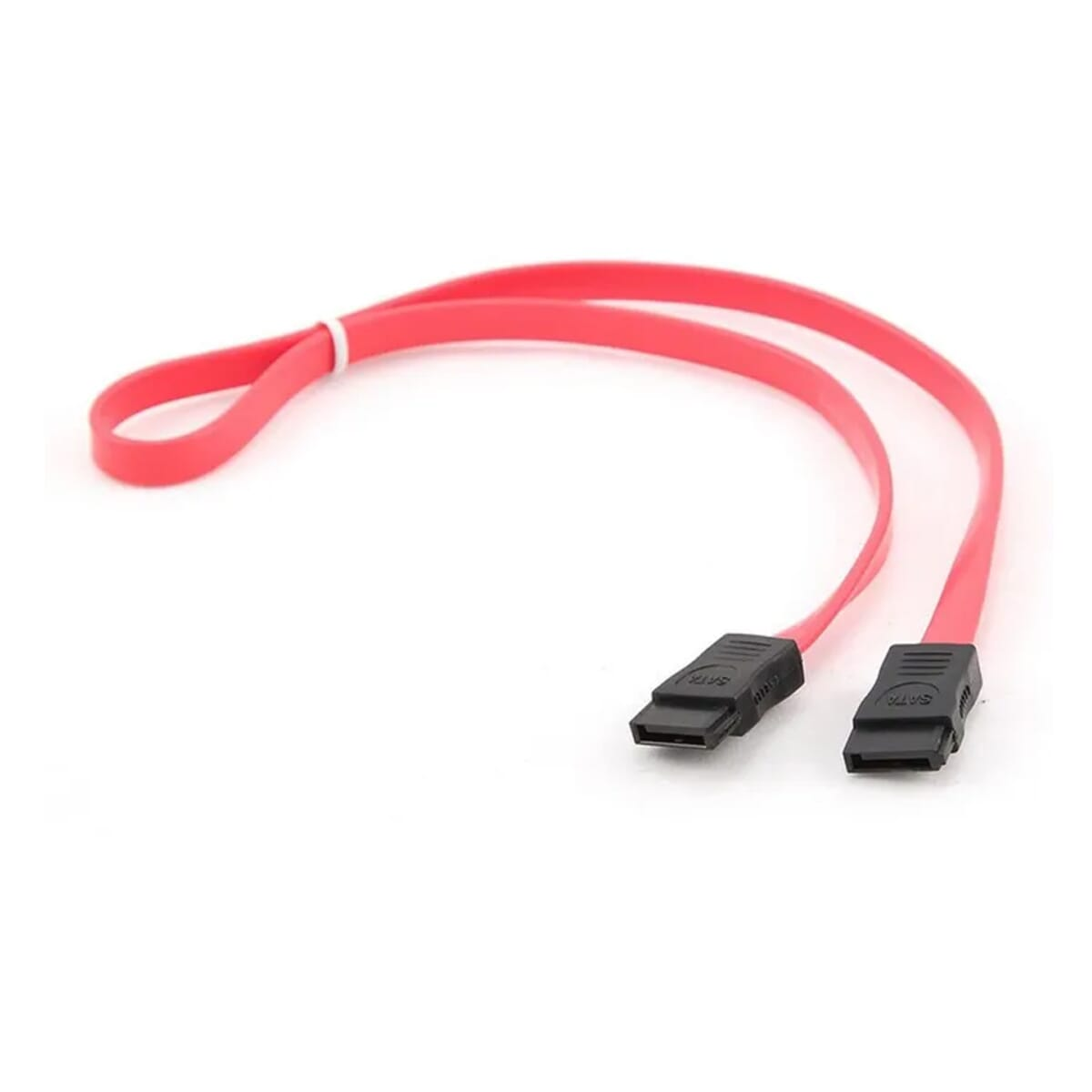 Czerwony kabel SATA z dwoma czarnymi złączami.