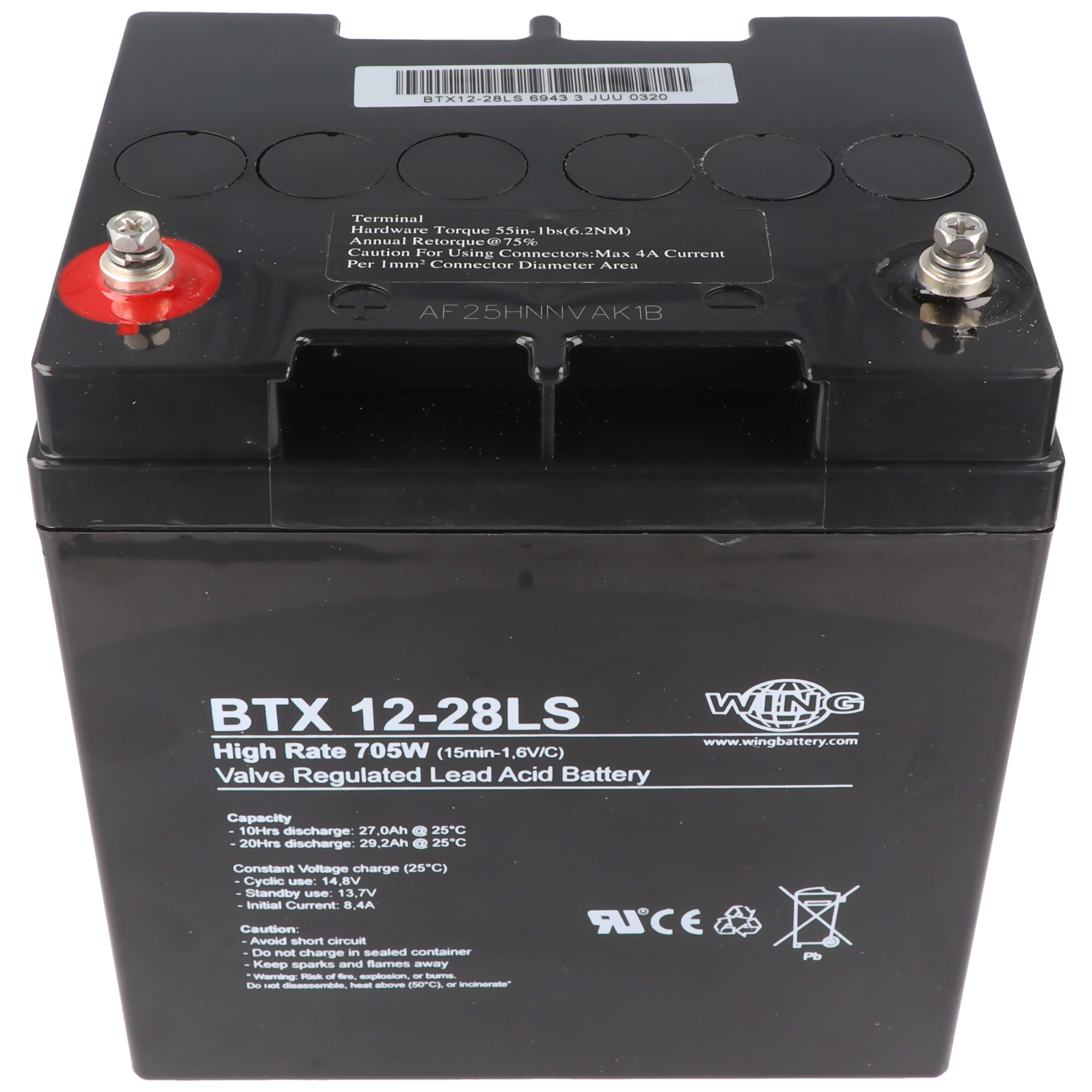 Schwarze Batterie mit Etiketten und Text. Der Hintergrund ist weiß.