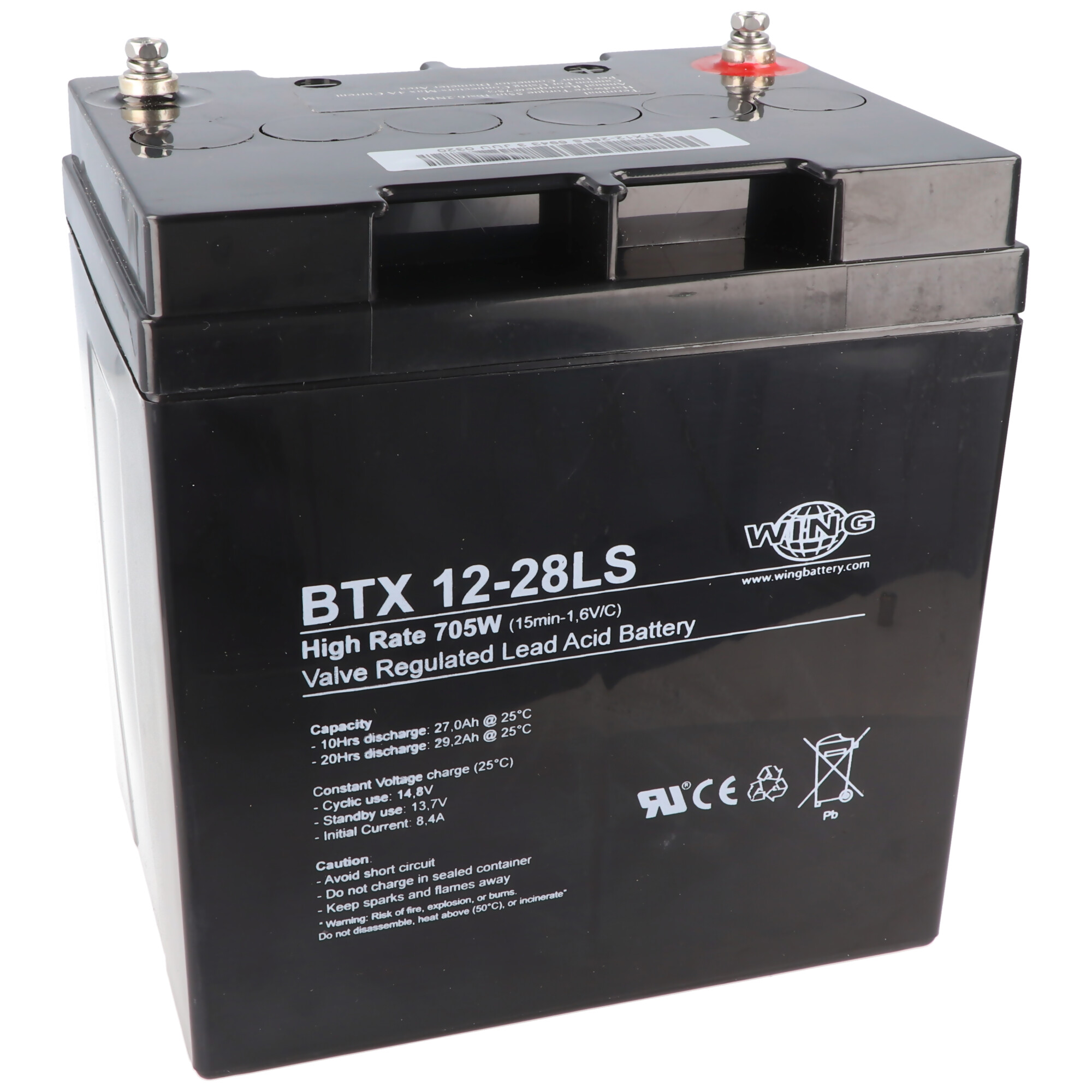 Schwarze Batterie mit weißem Text. Das Etikett lautet BTX 12-28LS. Enthält Warnhinweise.