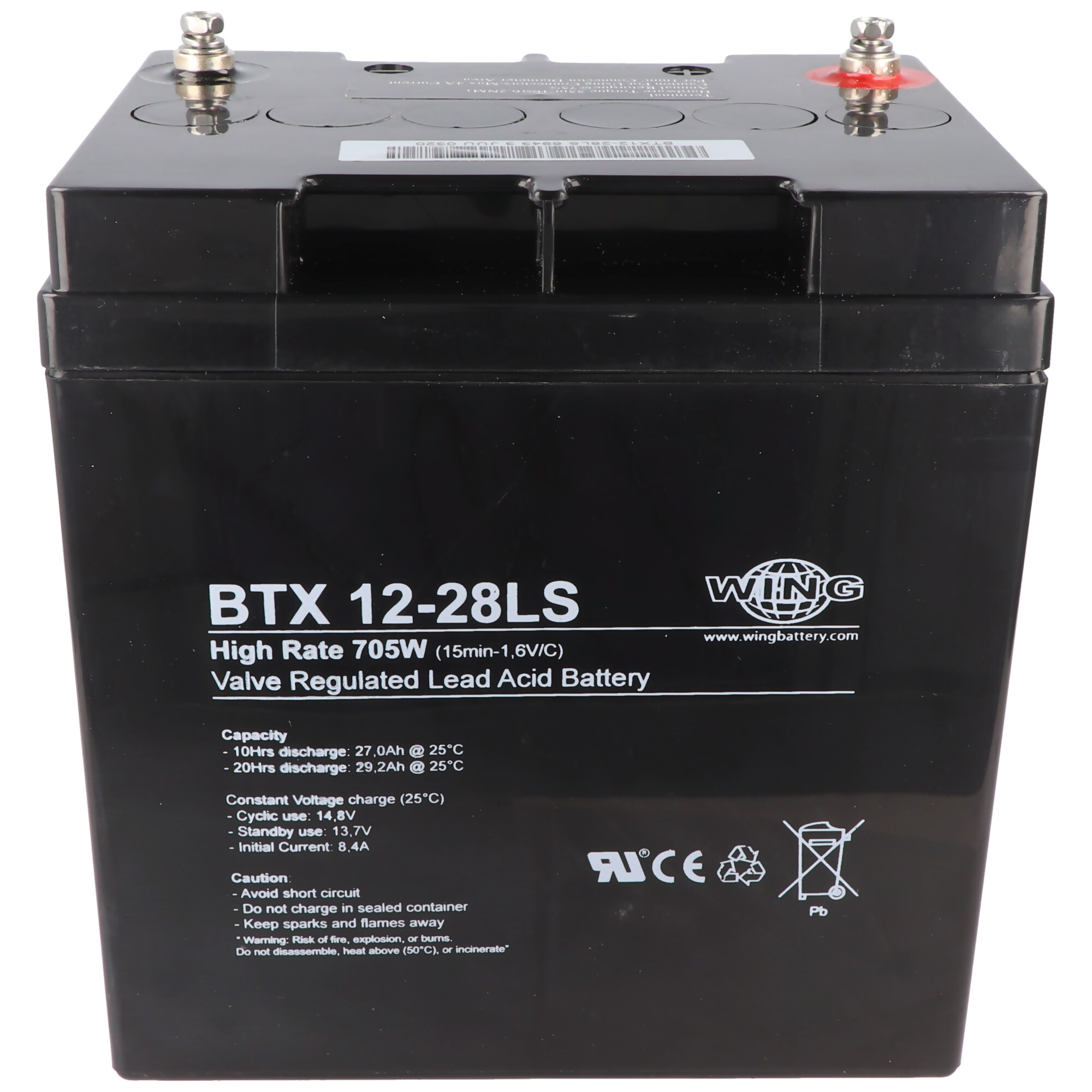 Schwarze Batterie. Hat Text darauf, einschließlich "BTX 12-28LS High Rate 705W". Weißer Hintergrund.