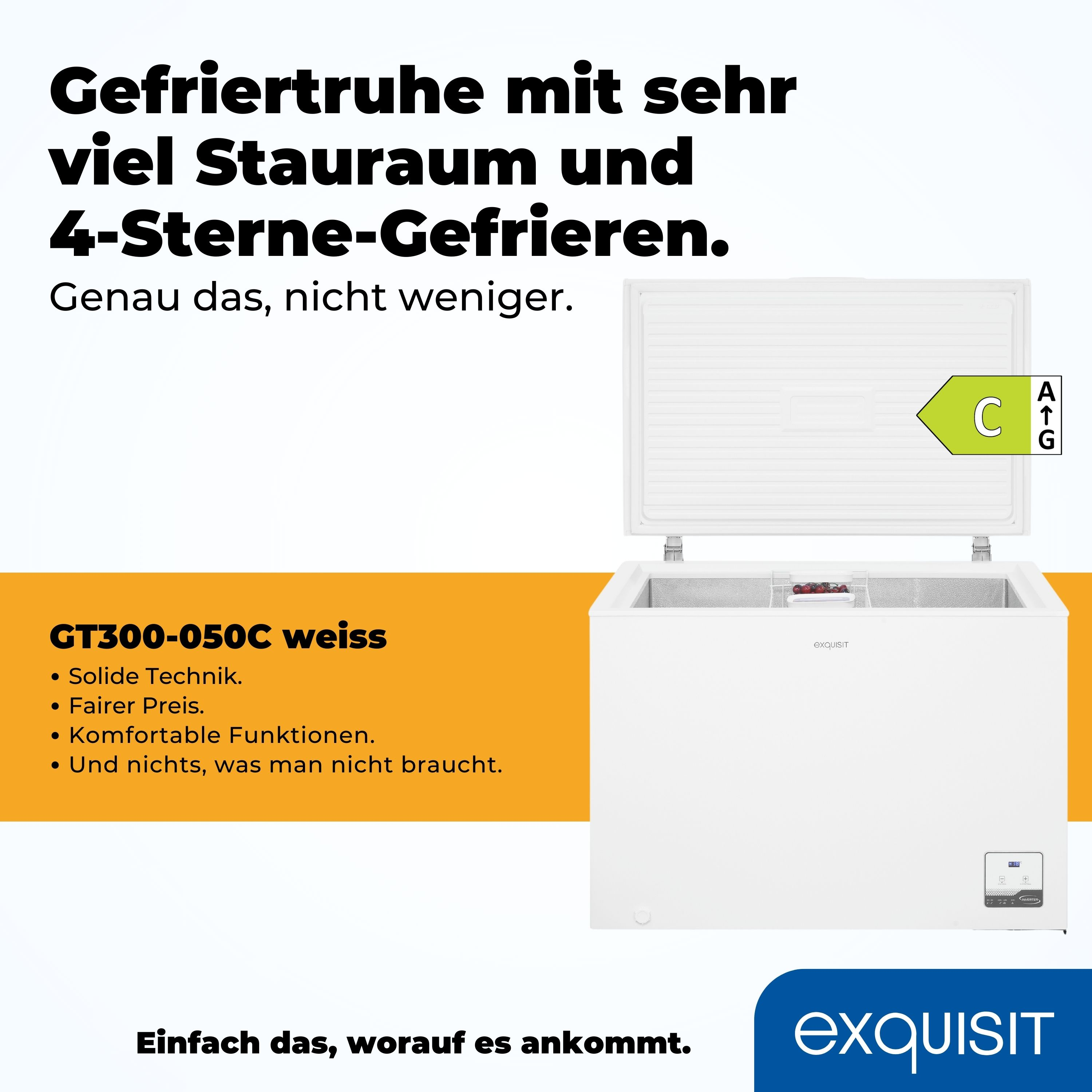 Weißer Gefrierschrank mit Text auf der Seite, der die Energieeffizienzklasse und Produktdetails zeigt.