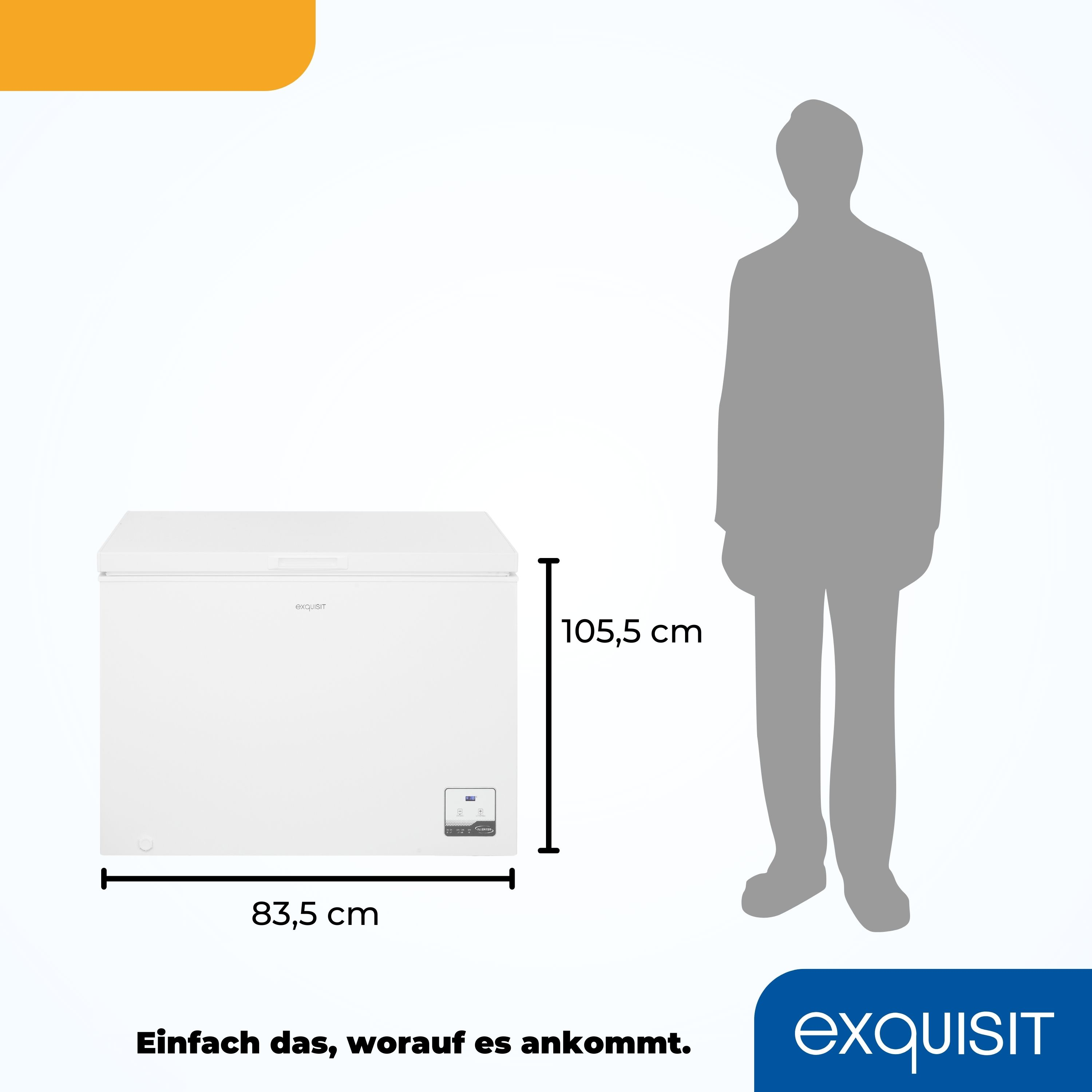 Weiße Truhen-Gefriertruhe mit angezeigten Abmessungen und einer Personensilhouette als Maßstab.