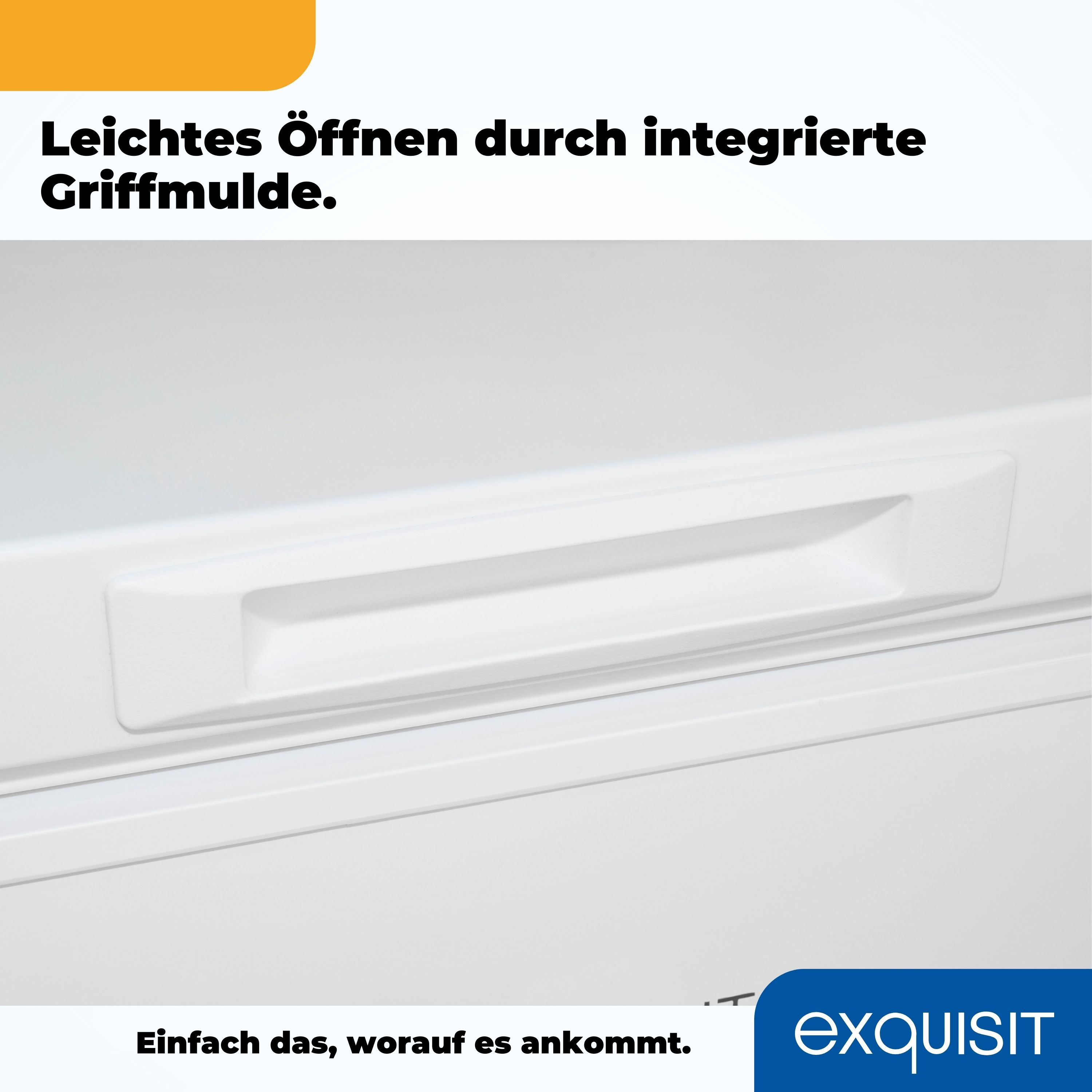 Weiße Schublade mit integriertem Griff und deutschem Text.