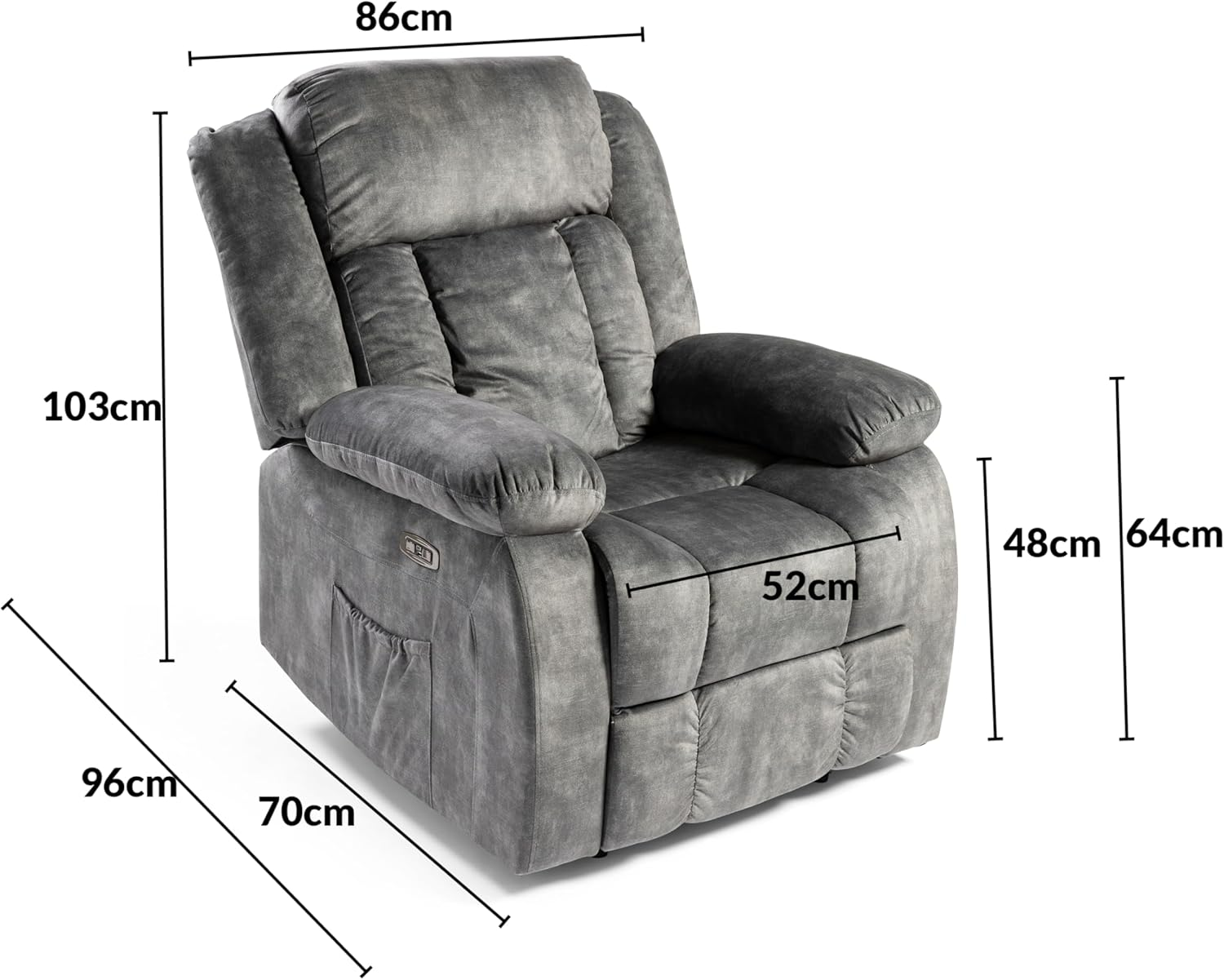 Sillón reclinable gris con medidas, las dimensiones se proporcionan con flechas.