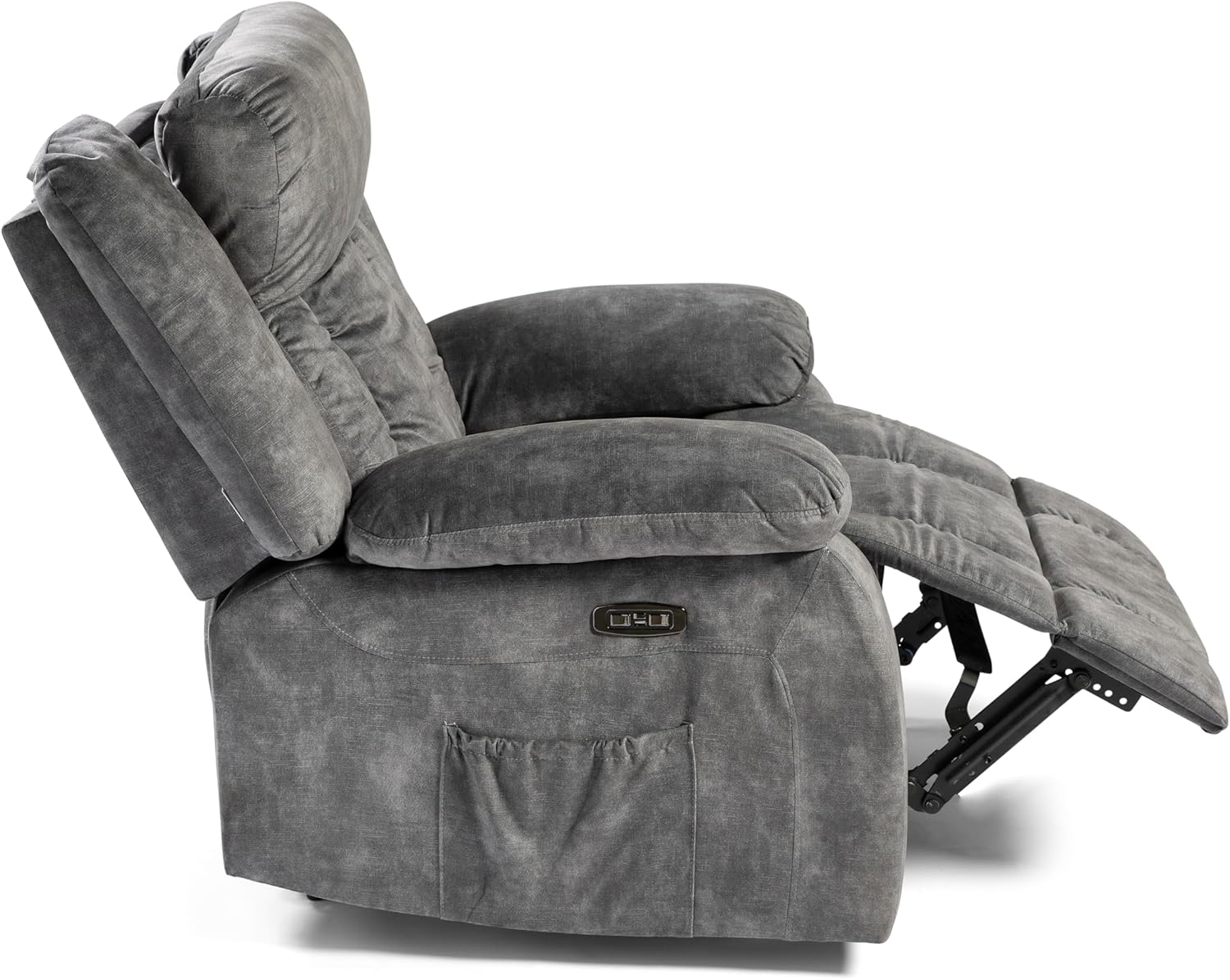 Sillón reclinable gris, extendido. Tiene un bolsillo y tela texturizada.