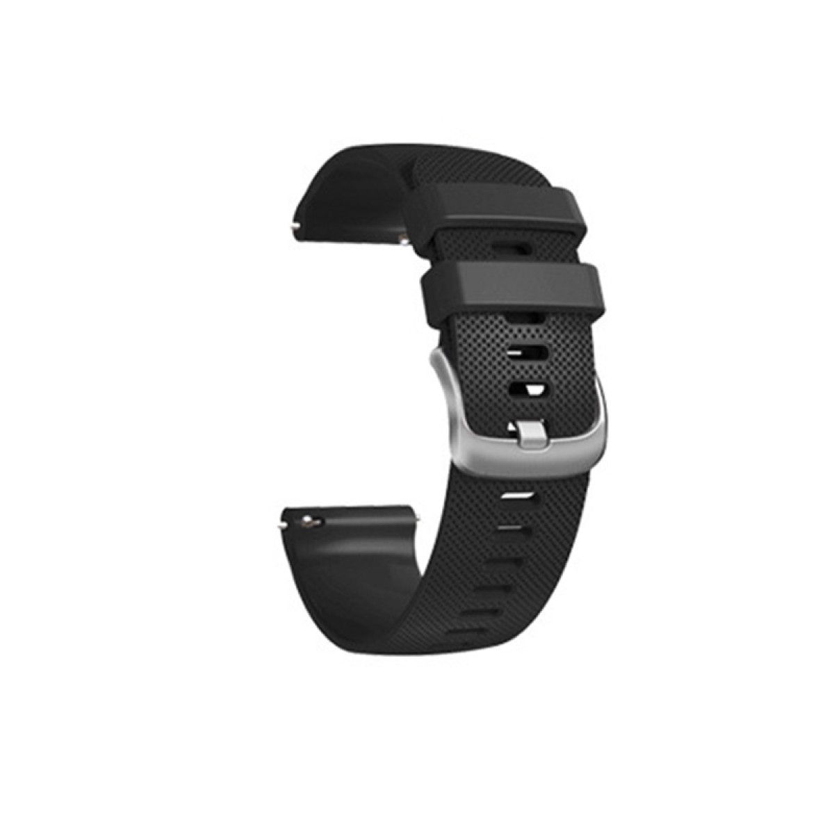 Ein schwarzes Uhrenarmband mit einer silbernen Schnalle. Es ist auf weißem Hintergrund.