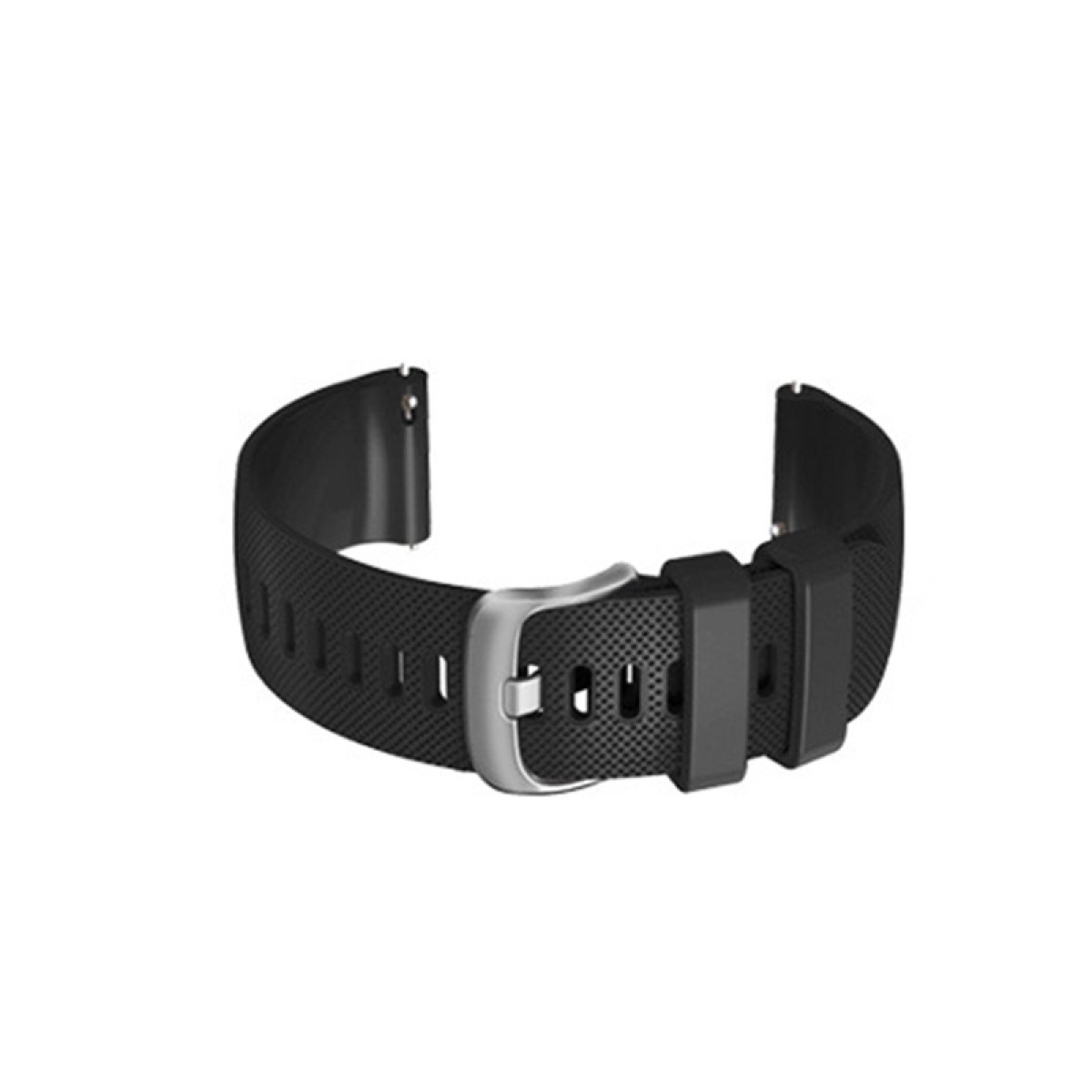 Schwarzes Uhrenarmband mit silberner Schnalle. Zeigt ein perforiertes Design.