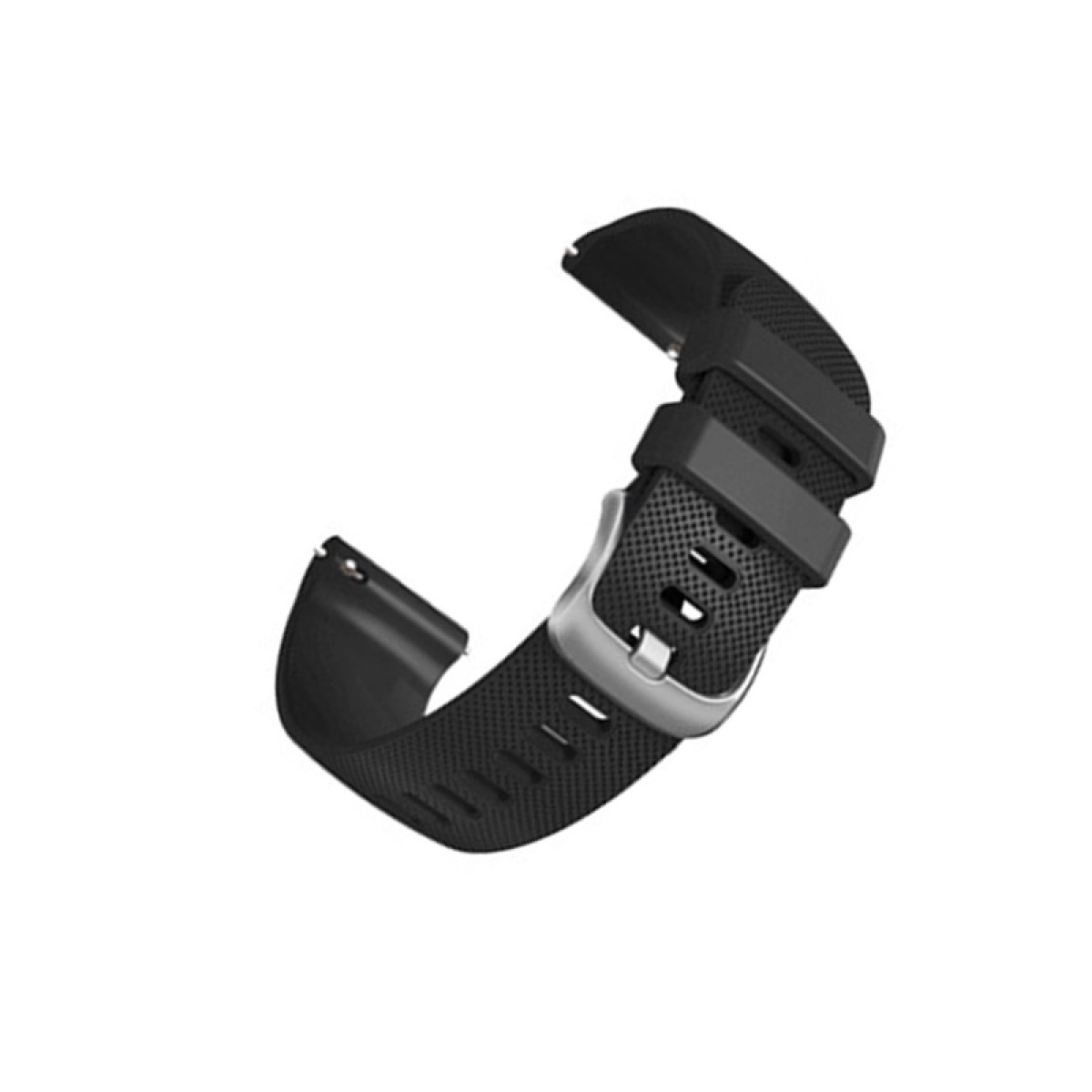 Schwarzes Gummi-Armband mit silberner Schnalle, abgewinkelt, isoliert auf weißem Hintergrund.
