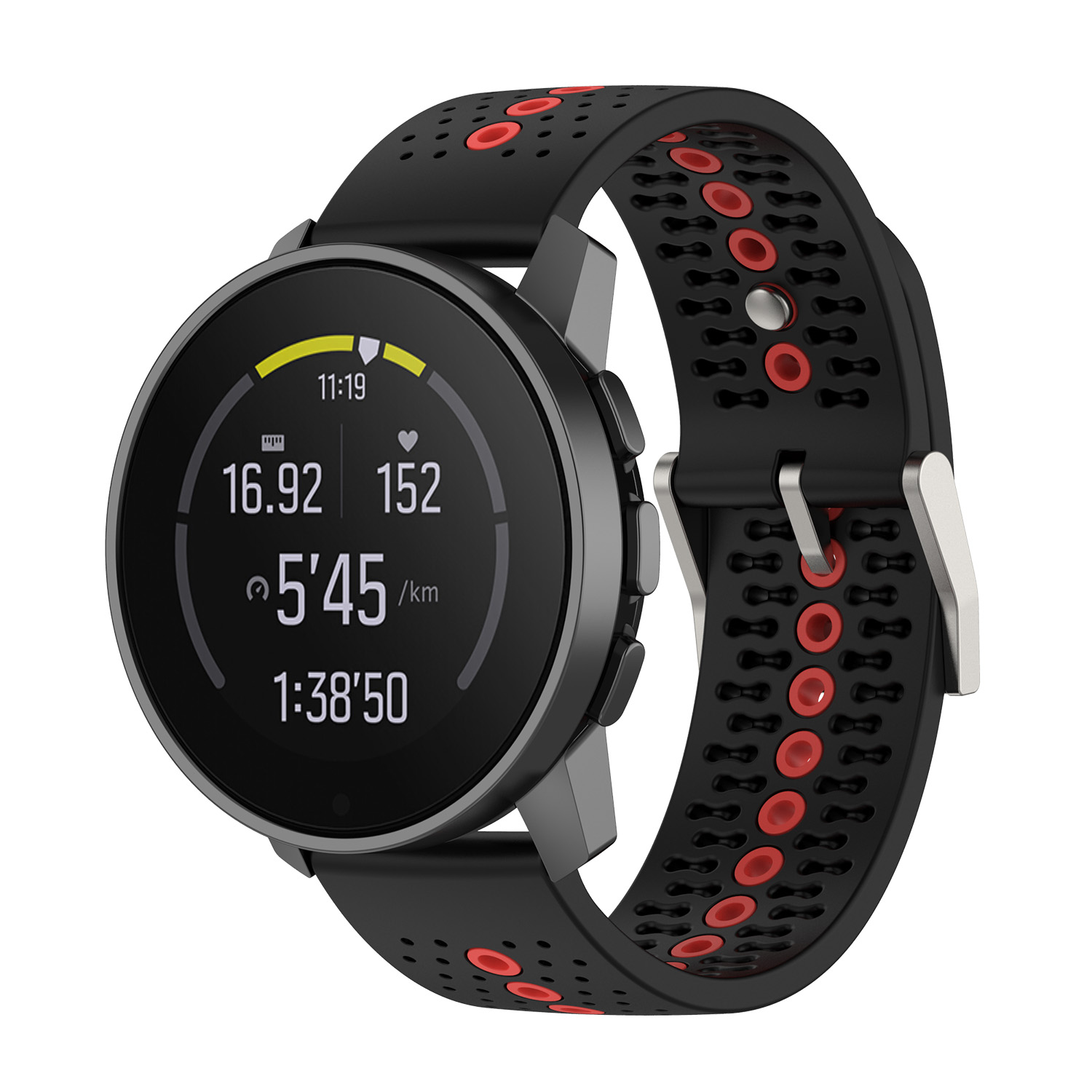 Schwarze und rote Sportuhr. Sie zeigt Zeit und Statistiken. Schwarzes Armband mit roten Akzenten.