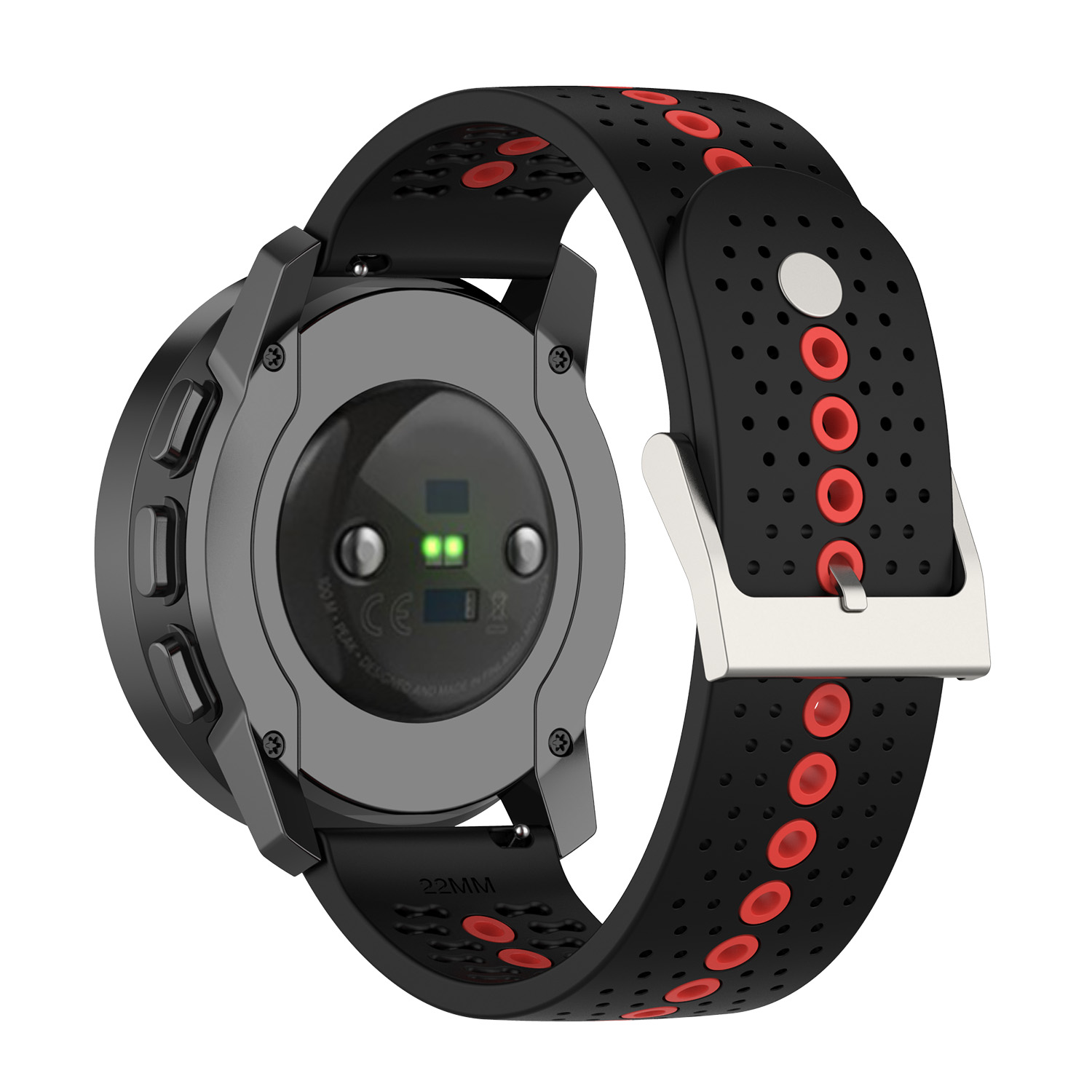 Eine schwarze Smartwatch mit einem schwarz-roten Armband. Die Rückseite der Uhr ist sichtbar.
