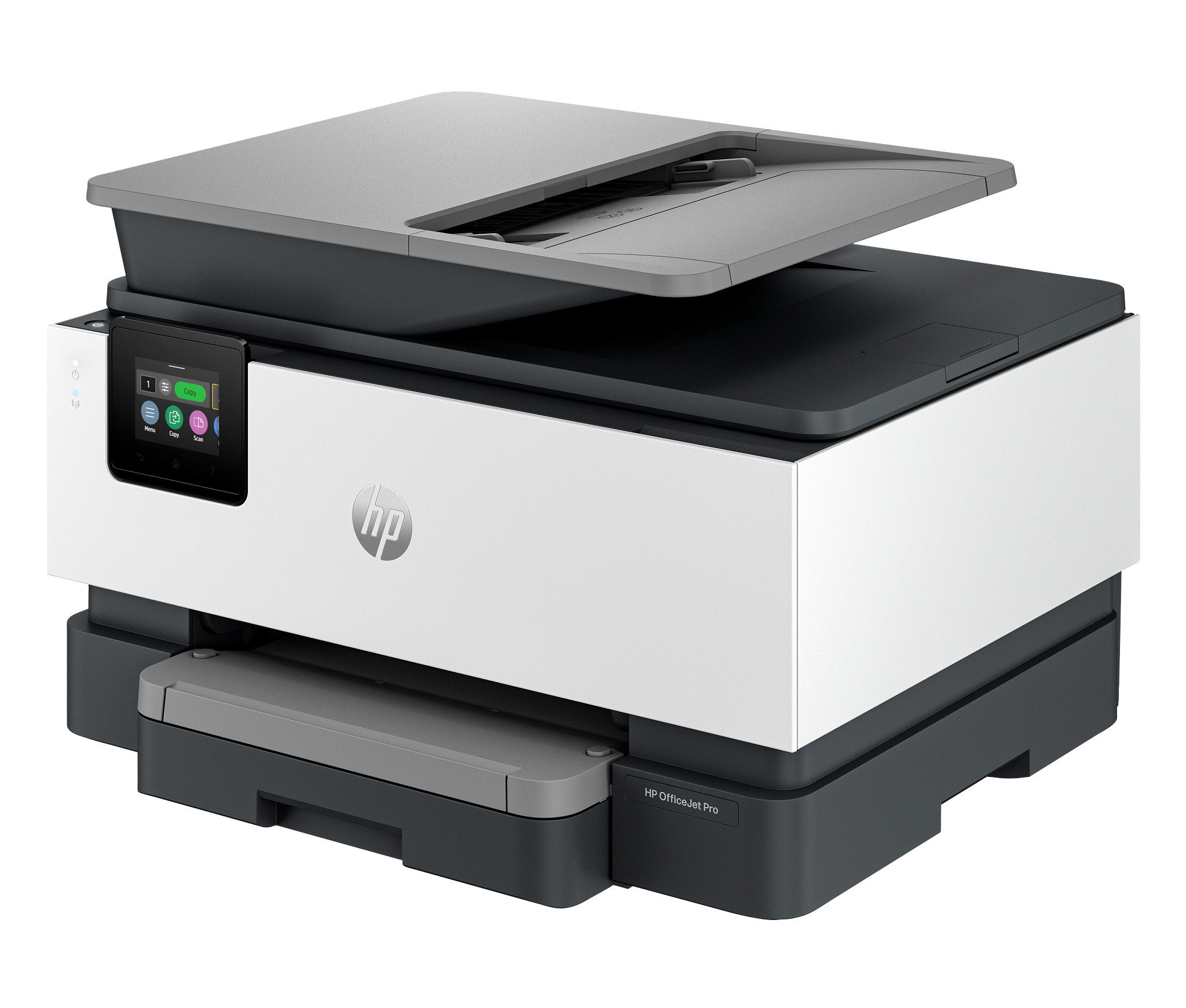 Vue aérienne d'un scanner d'imprimante HP ouvert avec des composants internes visibles.