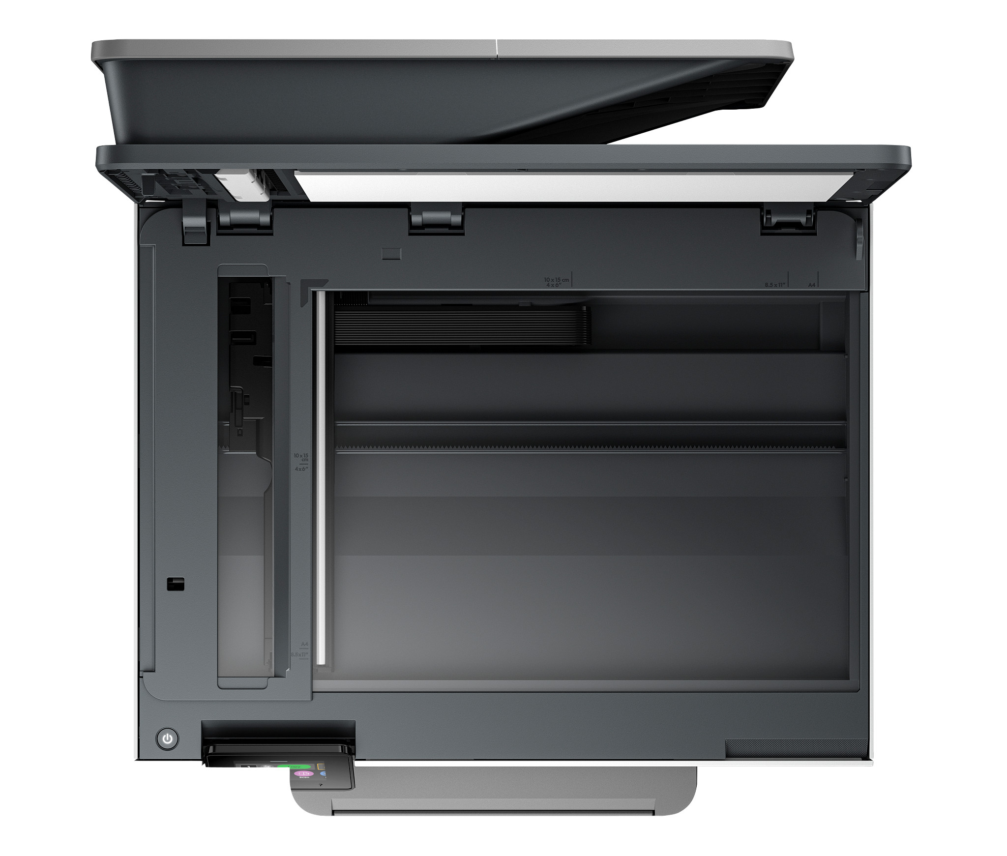 Vue de dessus d'une imprimante HP, montrant le scanner et le bac à papier.