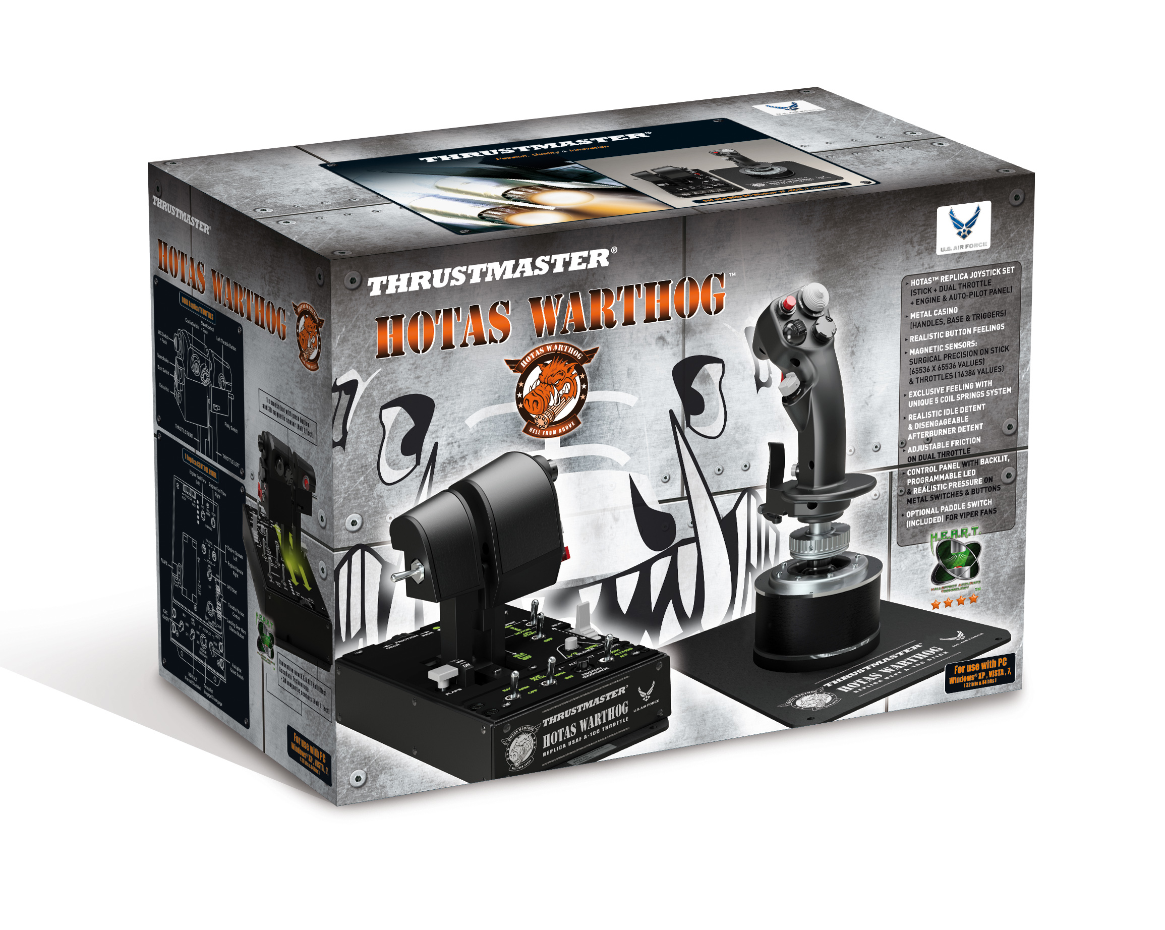 Un joystick e un box acceleratore replica Thrustmaster HOTAS WARTHOG, sulla sua scatola.