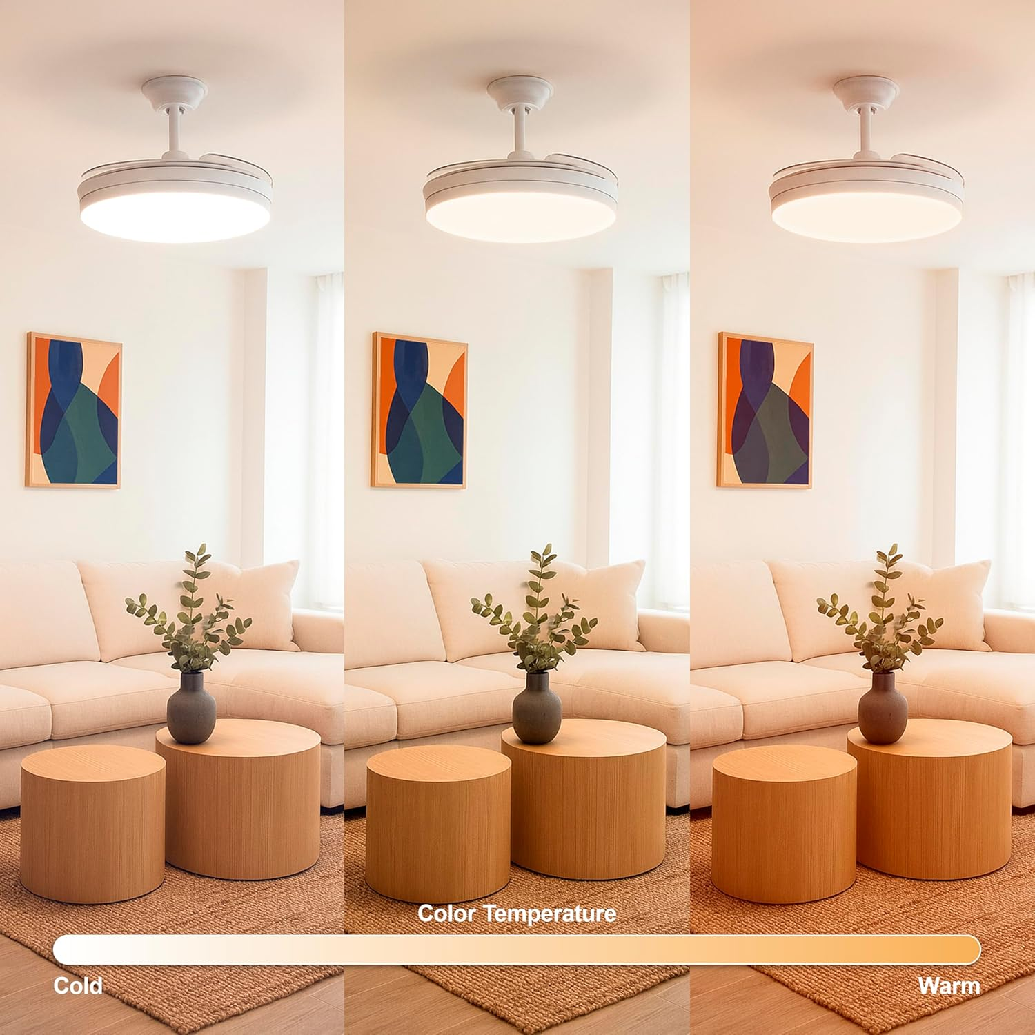 Salón con ventilador de techo, sofá y dos mesas auxiliares. Escala de temperatura de color de frío a cálido.
