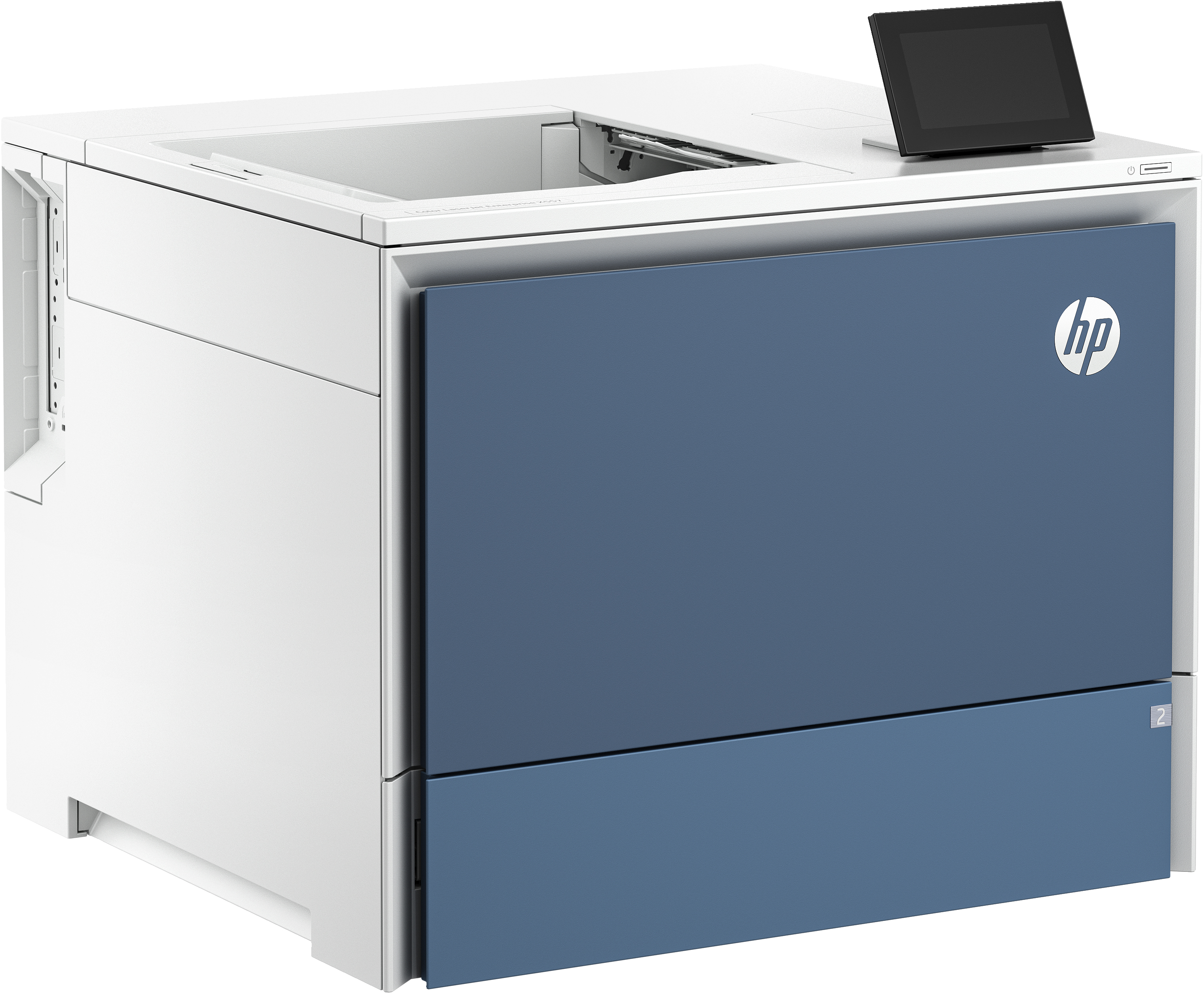 Großer HP-Drucker mit blauen und weißen Paneelen, Bildschirm oben.
