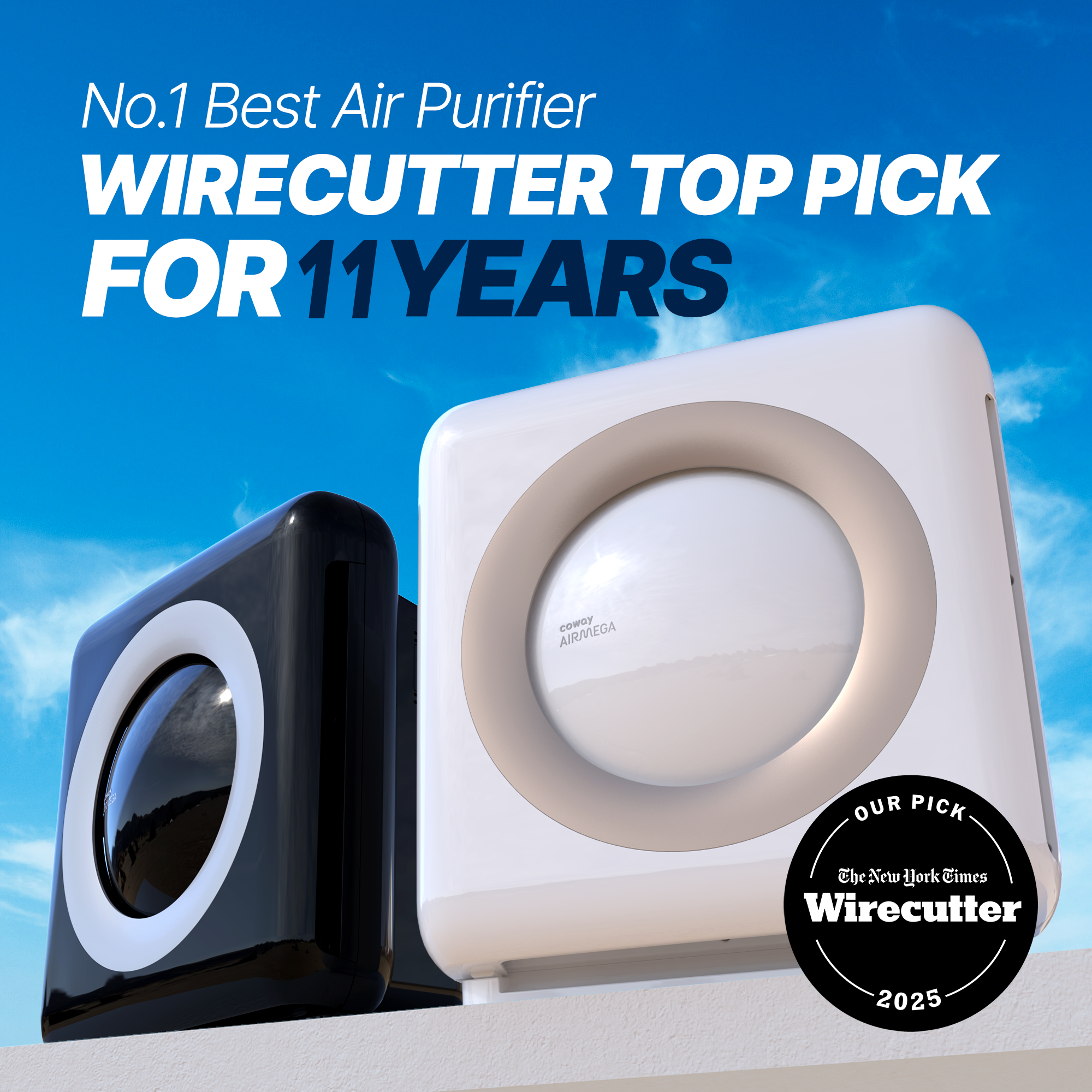 Zwei Luftreiniger, schwarz und weiß, vor blauem Himmel. Text: Wirecutter Top Pick für 11 Jahre.