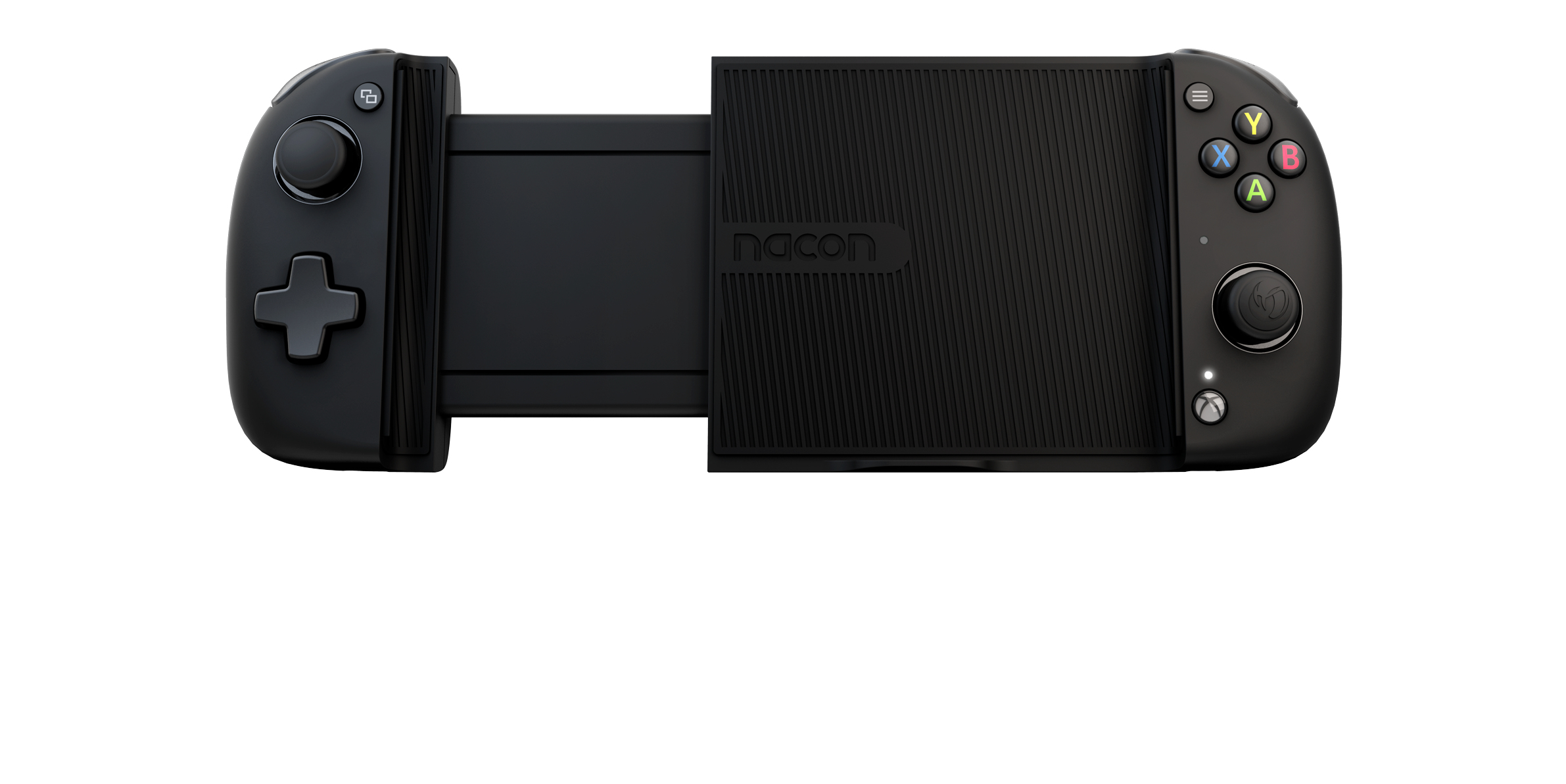 Schwarzer Nacon Mobile Gaming Controller, ausgefahren. Weißer Hintergrund.
