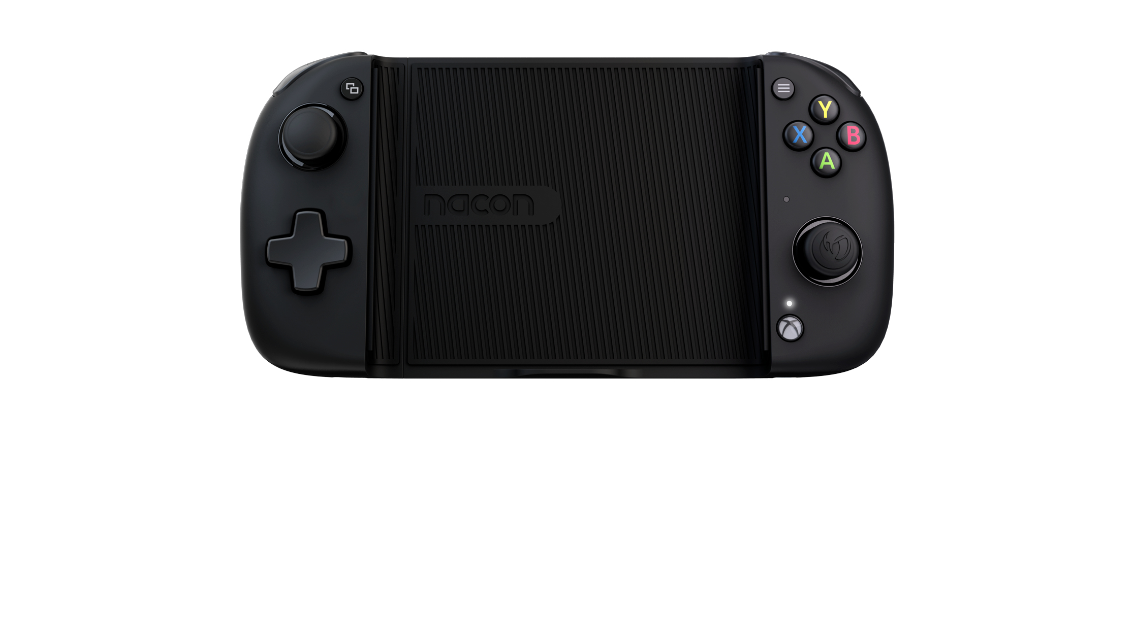 Schwarzer Gamepad-Controller mit Knöpfen, Sticks und strukturierter Grifffläche auf weißem Hintergrund.