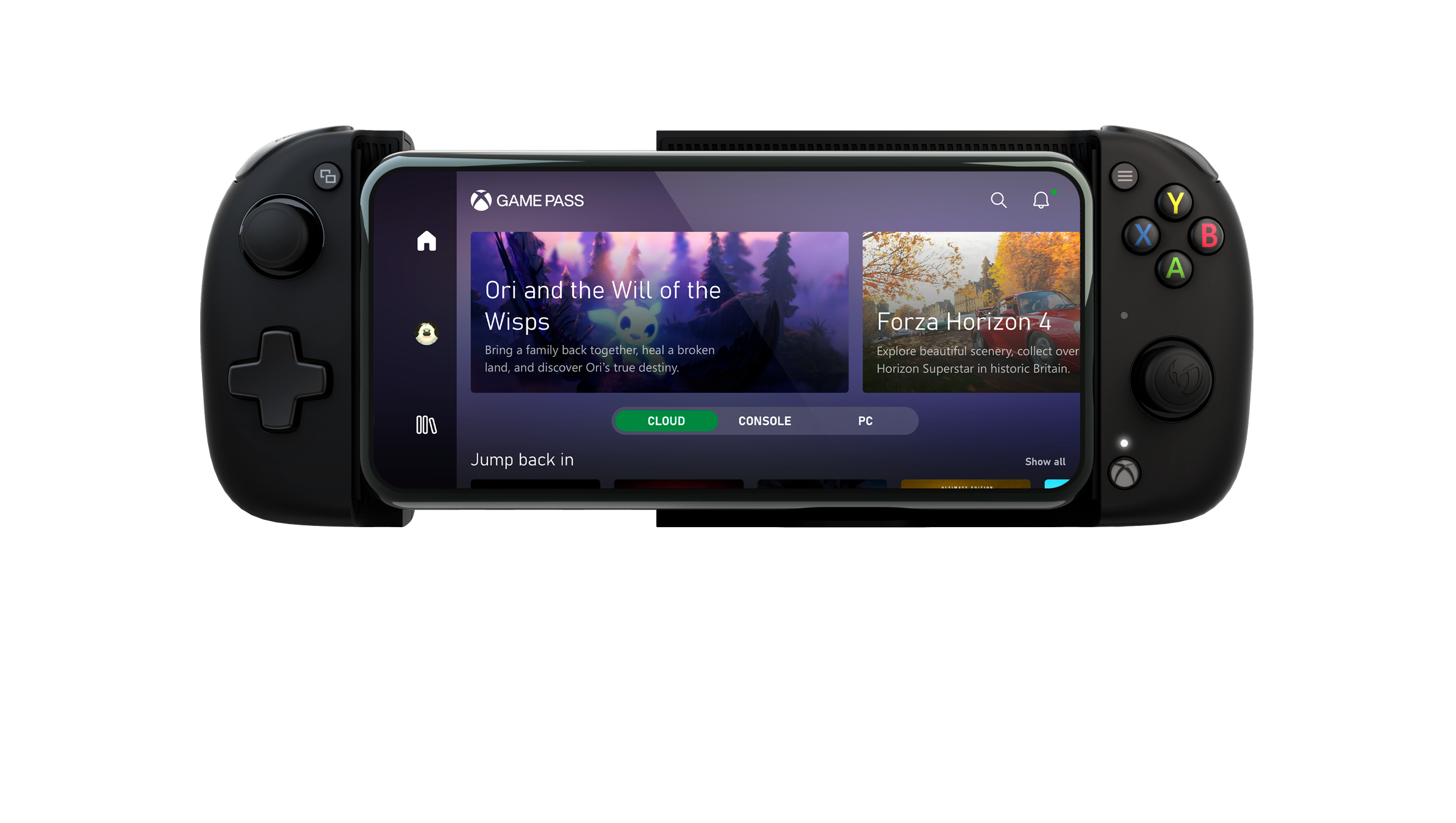 Schwarzer Controller mit Telefonbildschirm, der ein Spiel zeigt. Game Pass-Menü ist sichtbar.