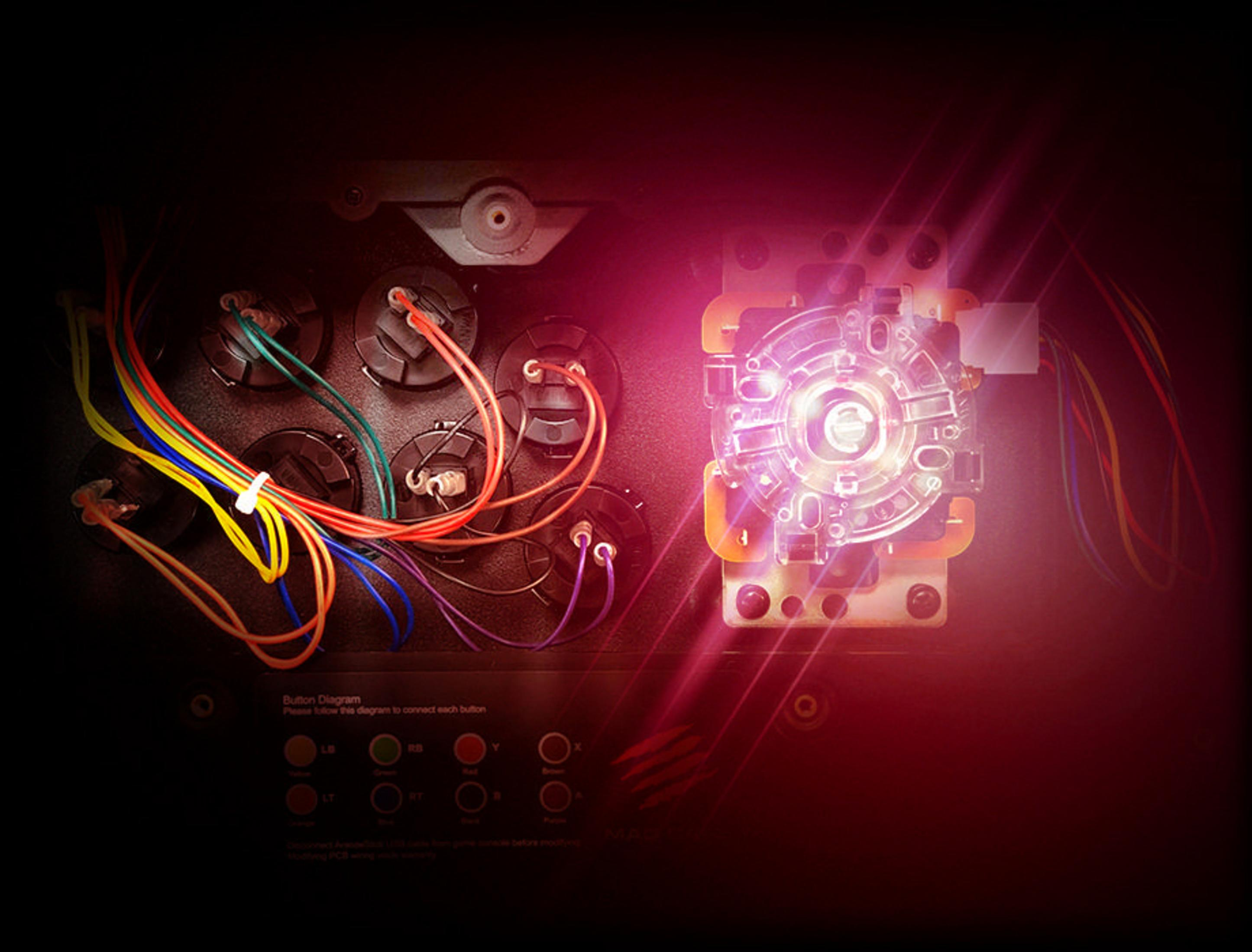 All'interno di un controller di gioco con pulsanti, joystick e fili colorati.