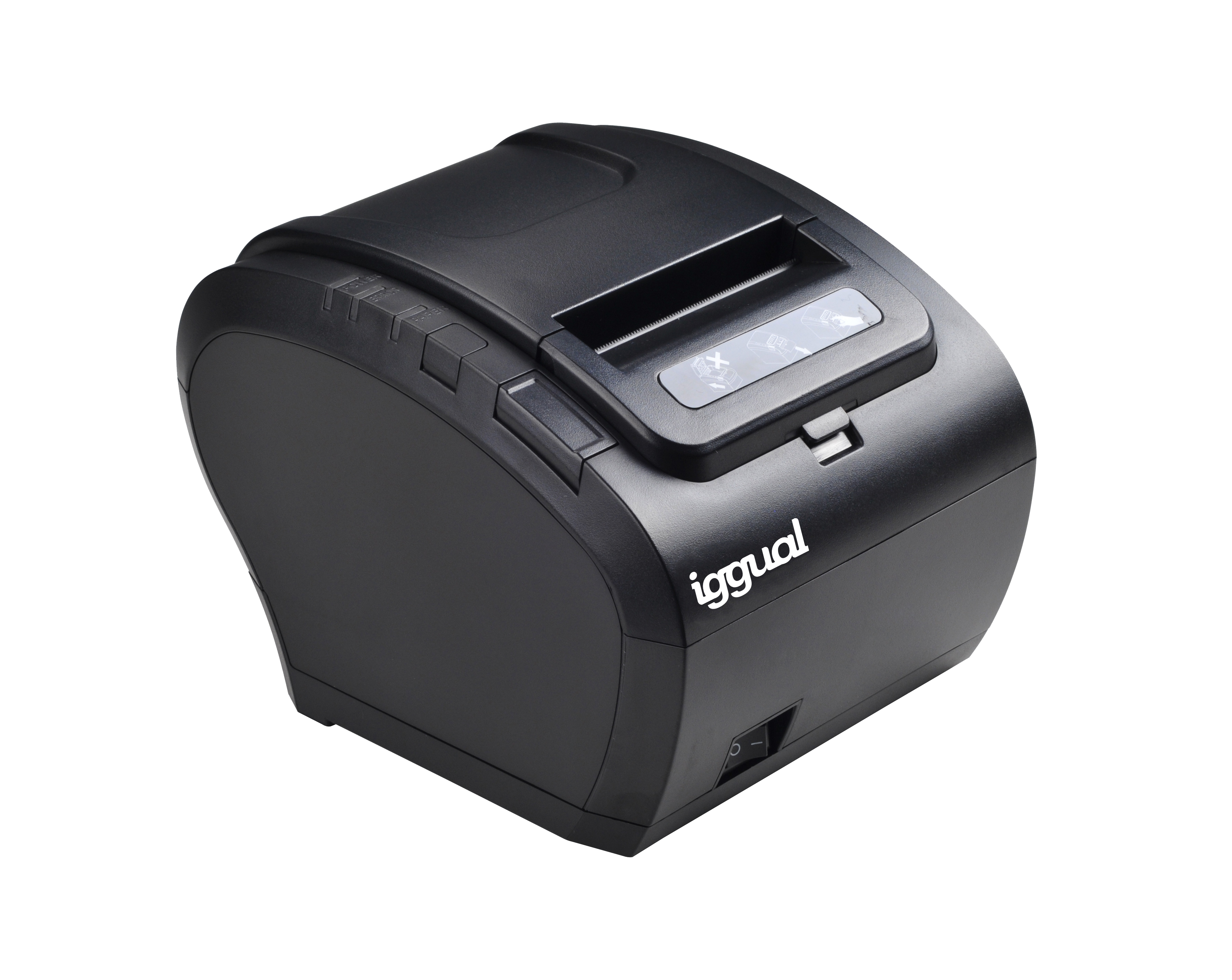 Ein schwarzer Thermodrucker auf weißem Hintergrund, mit der Marke iggual sichtbar.