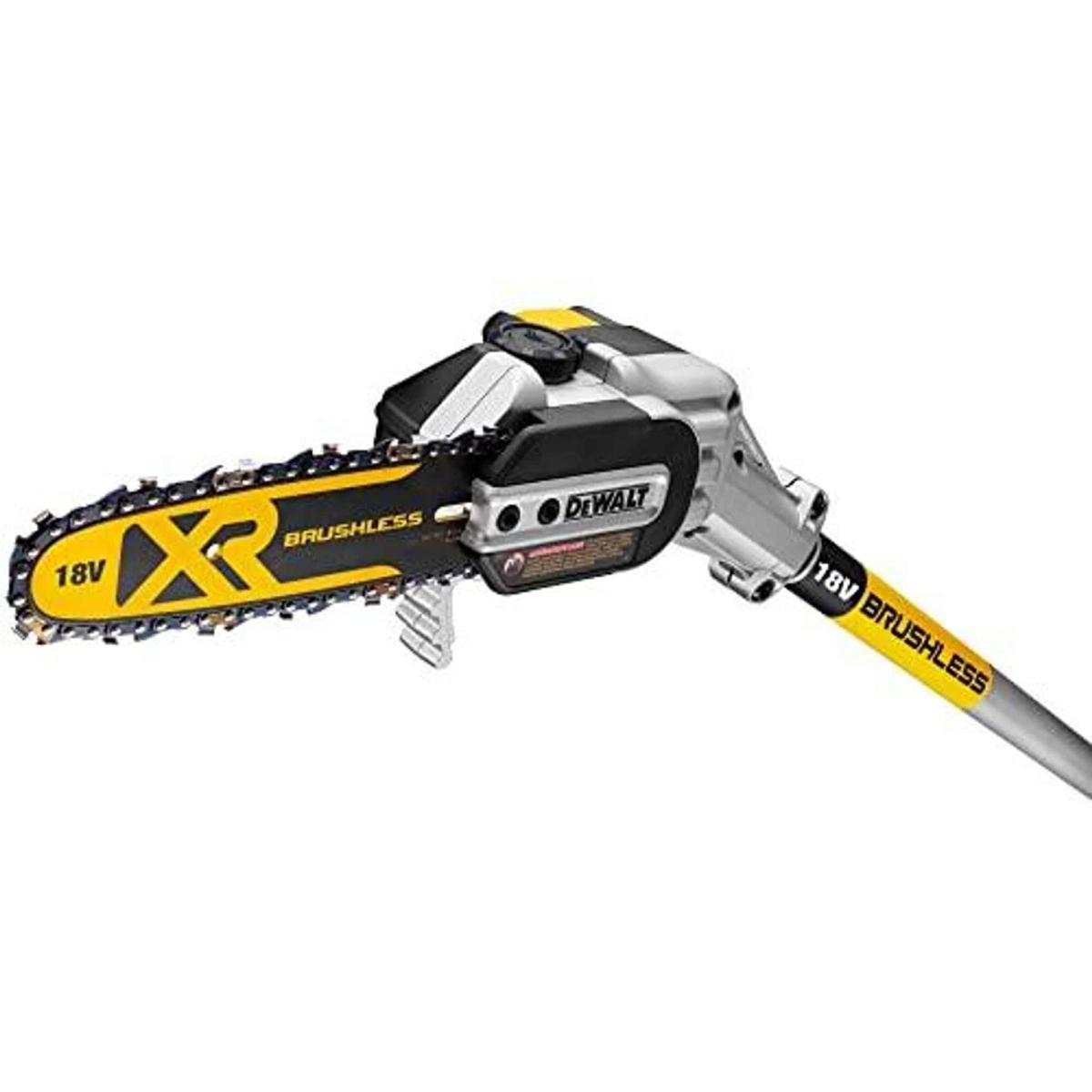 Schwarze und gelbe DeWalt-Kettensäge mit 18V bürstenlosem Text.