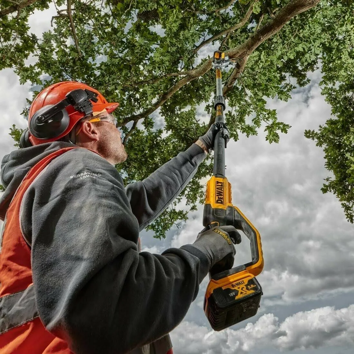 Mann benutzt eine Stangensäge, um einen Baum zu beschneiden. Er trägt Helm und Schutzbrille und hält die Säge.