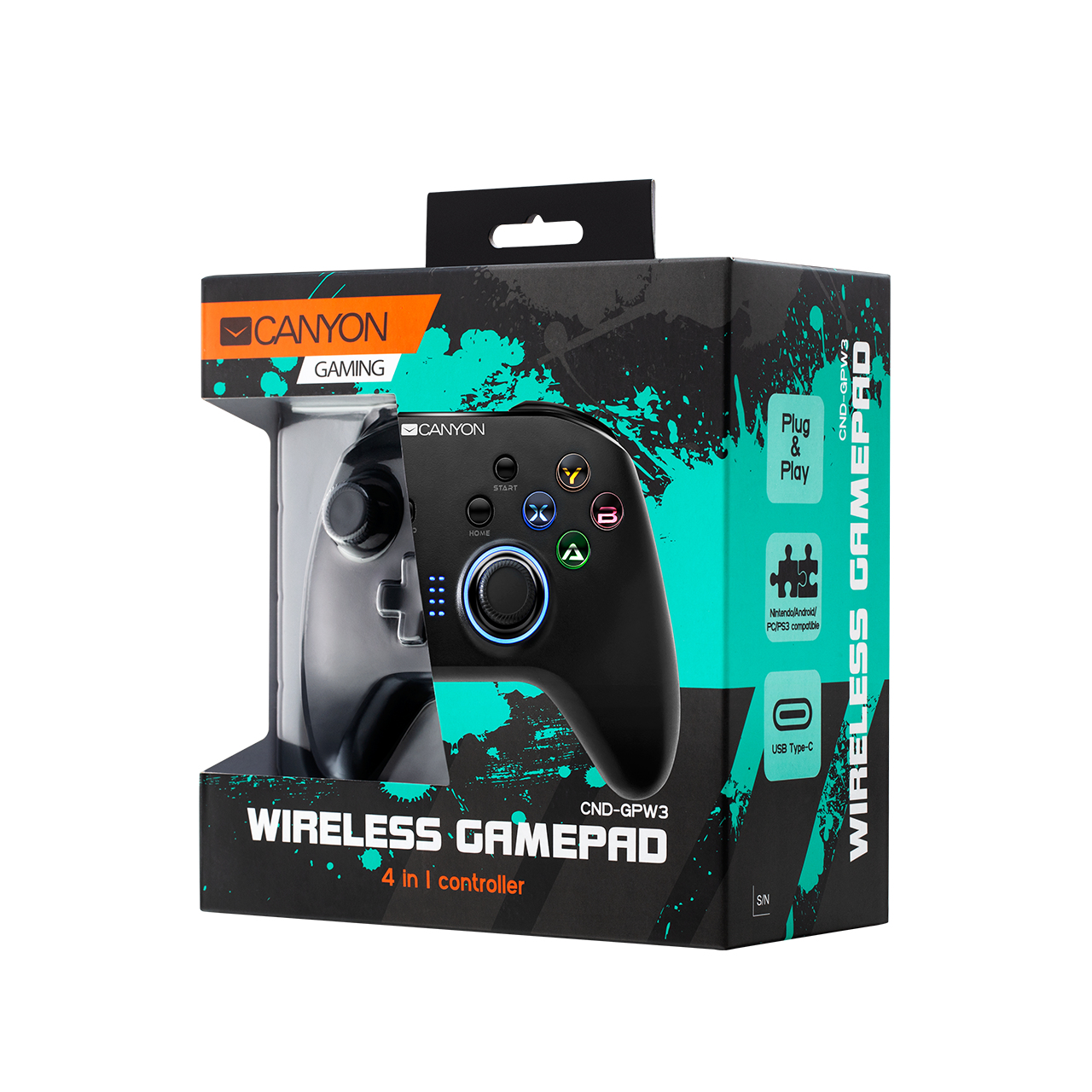 Czarny bezprzewodowy gamepad Canyon w pudełku, z przyciskami i portem USB.