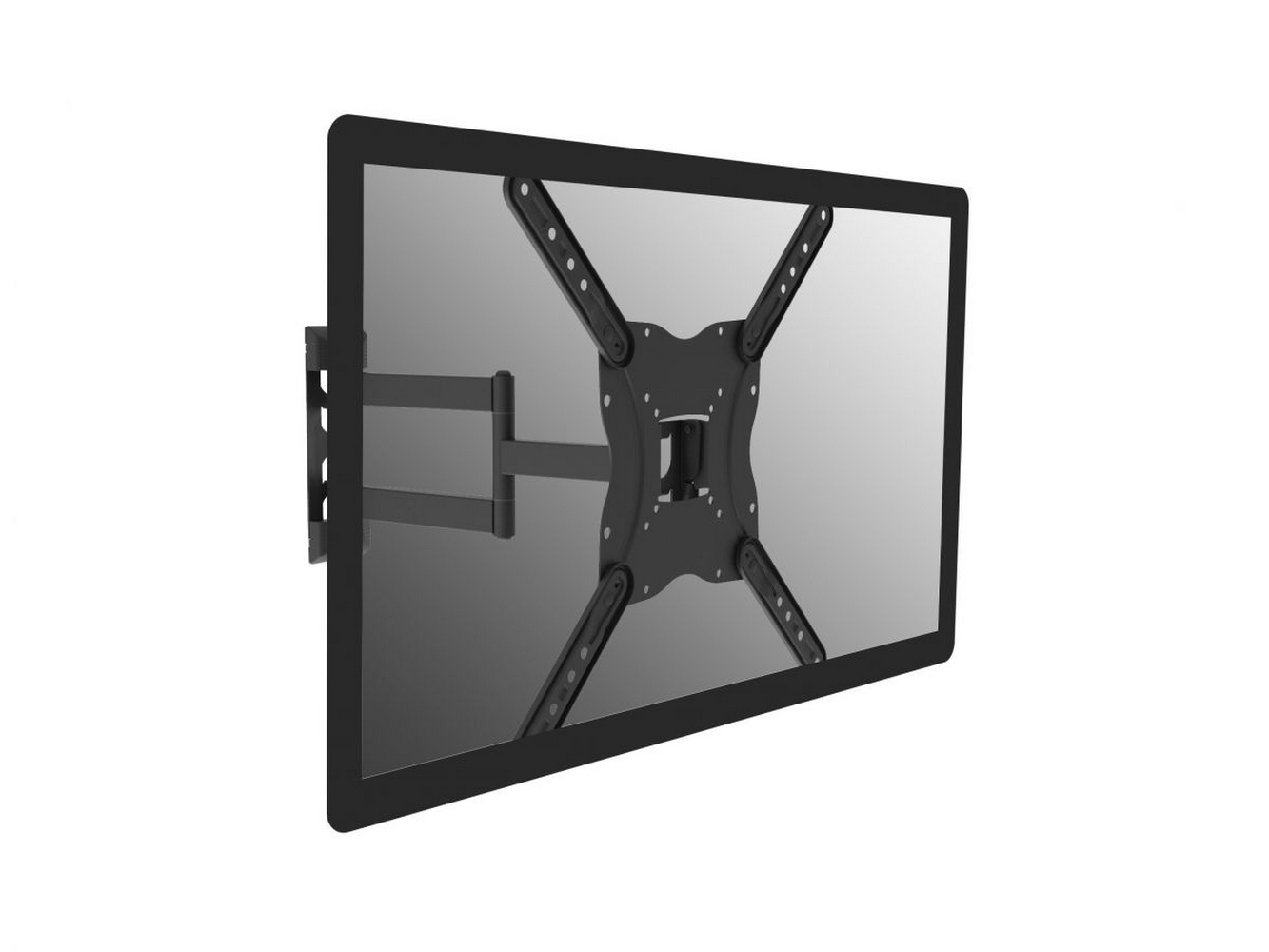 TV monté sur un mur avec un support en métal noir. Fond blanc.