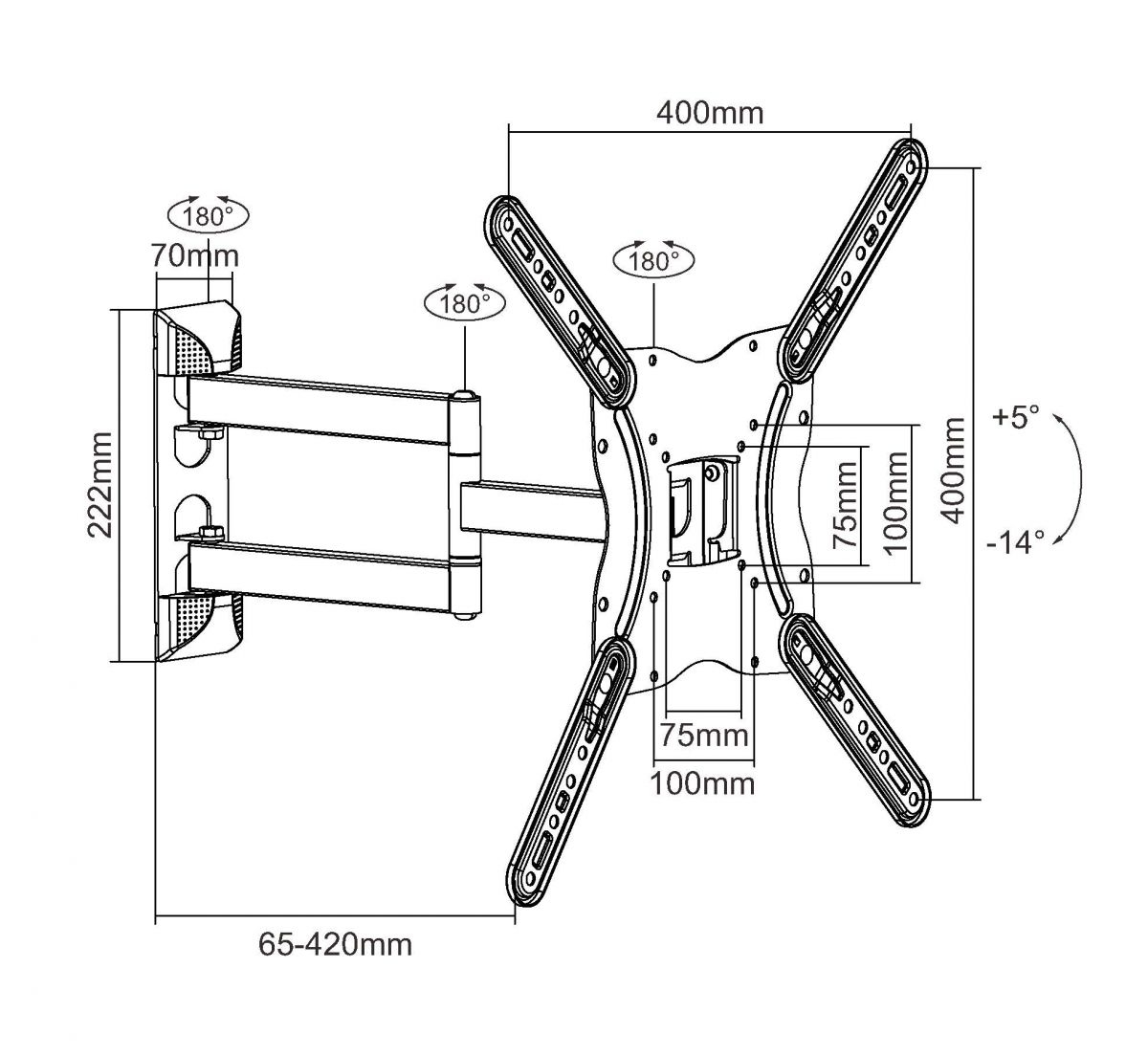 Schéma d'un support mural TV. Dimensions et angles sont étiquetés.