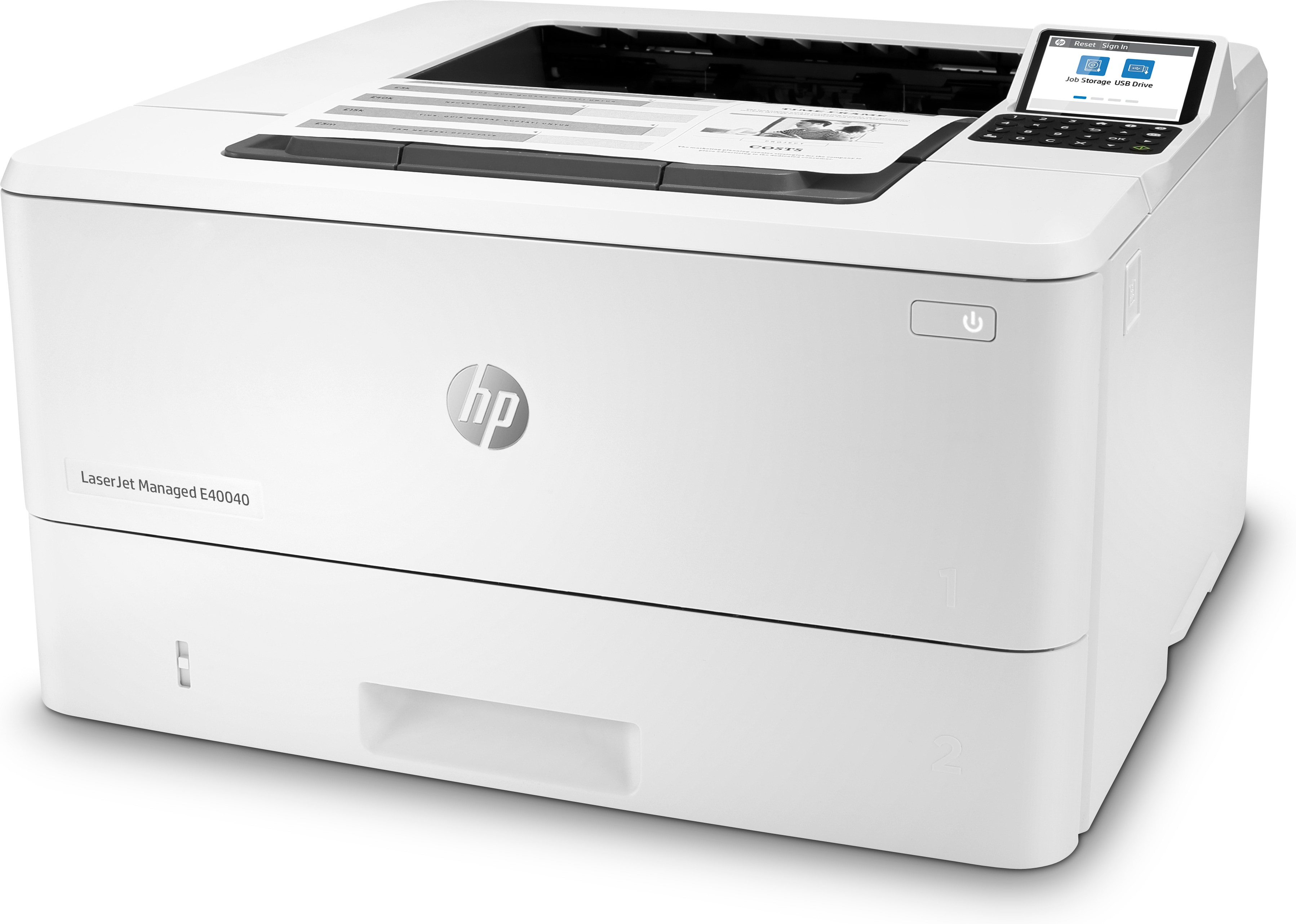 Weißer HP Laserjet-Drucker. Hat einen Bildschirm und ein Bedienfeld. Zeigt gedruckte Seiten an.