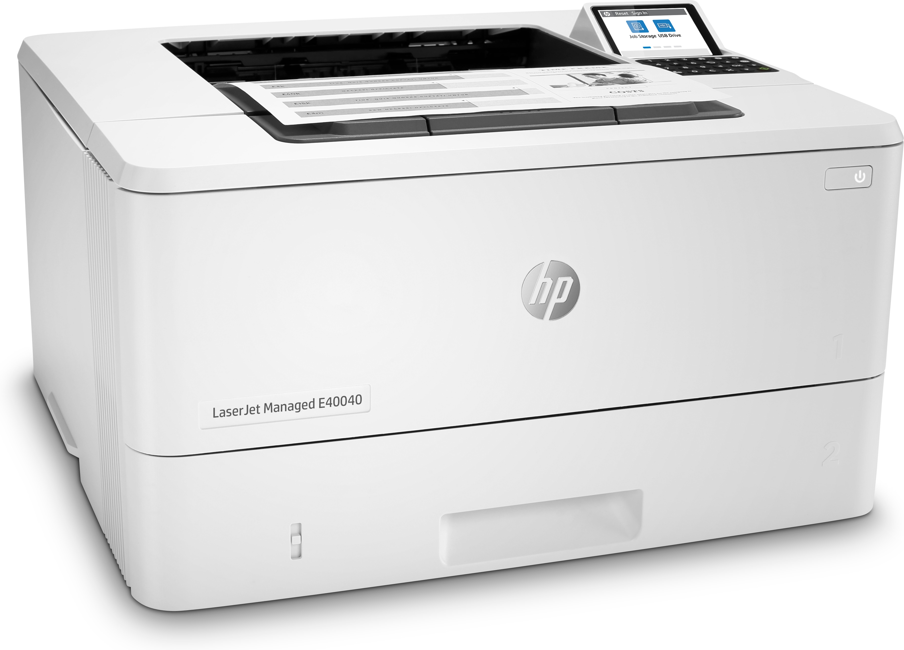 Ein weißer HP Laserjet-Drucker mit einem Dokument darauf. Es hat einen Bildschirm und Knöpfe. Der Hintergrund ist weiß.