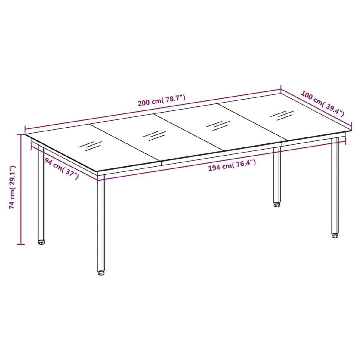 Glastisch mit Maßangaben. Lang und rechteckig mit Glasplatten. Misst 200 cm lang.