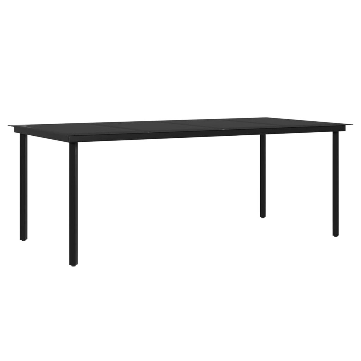 Schwarzer rechteckiger Outdoor-Tisch mit Beinen, von der Seite betrachtet, mit leerer Oberfläche.
