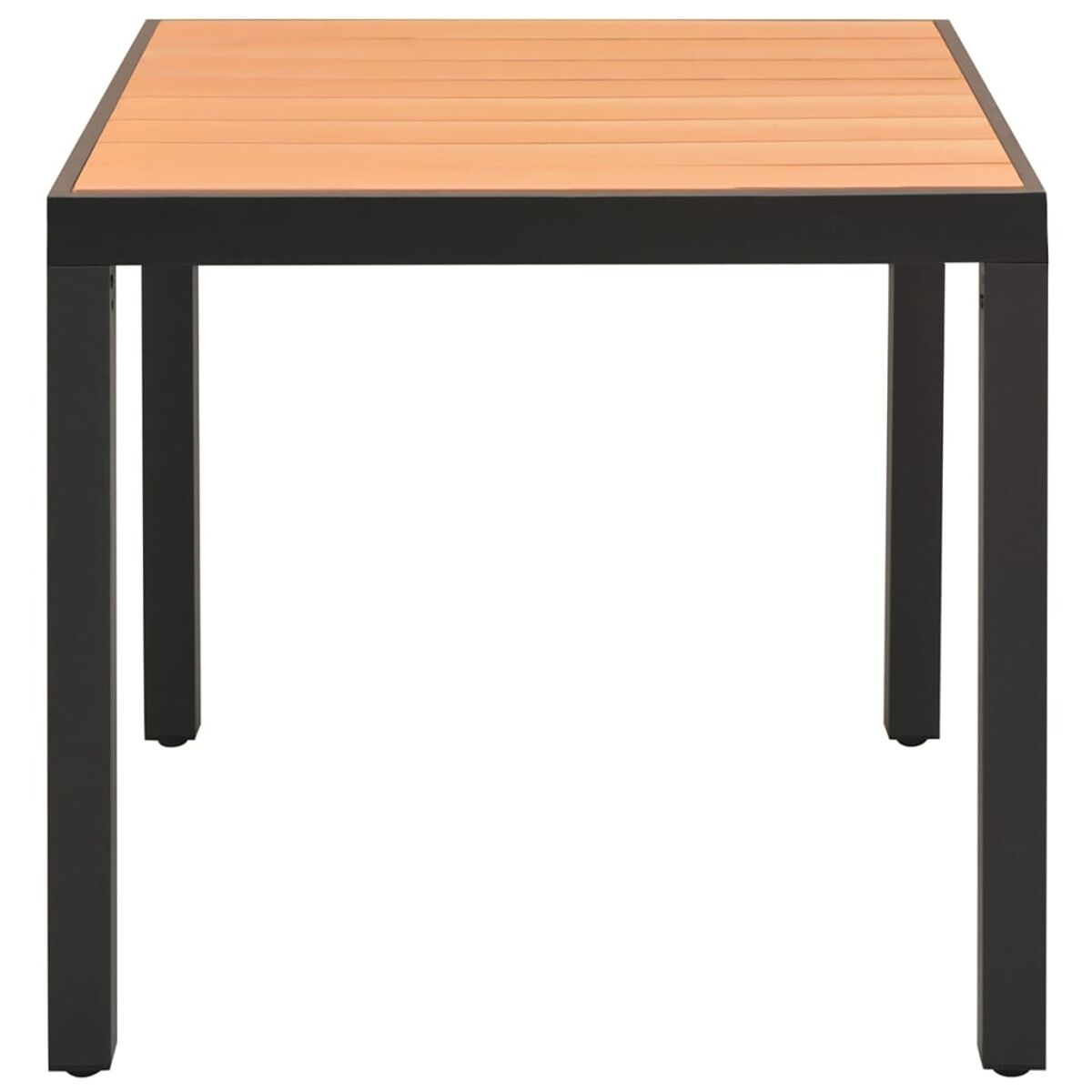Schwarzer quadratischer Tisch mit Holzplatte und schwarzen Beinen.