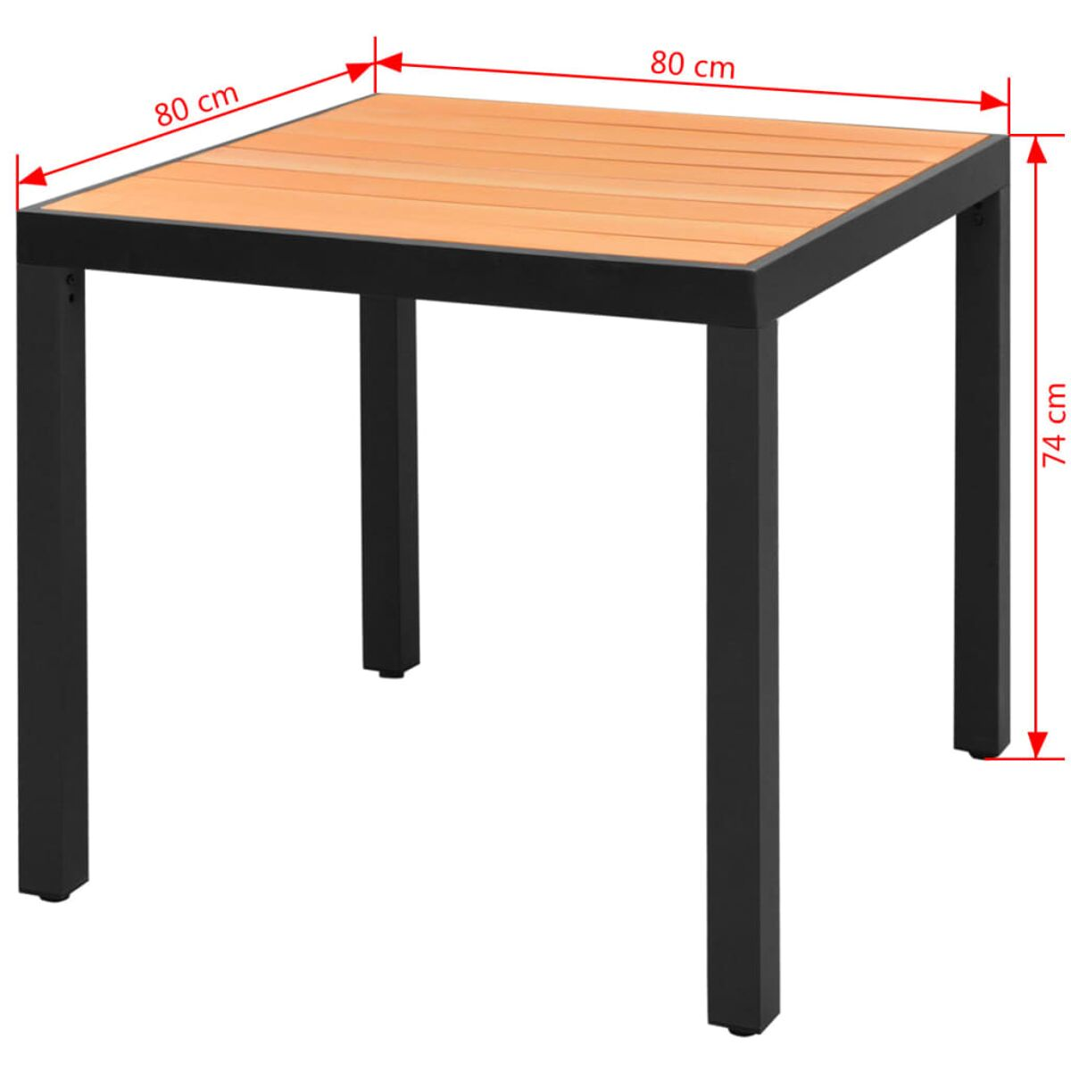 Quadratischer Tisch mit Holzplatte und schwarzen Beinen, Maße angegeben.