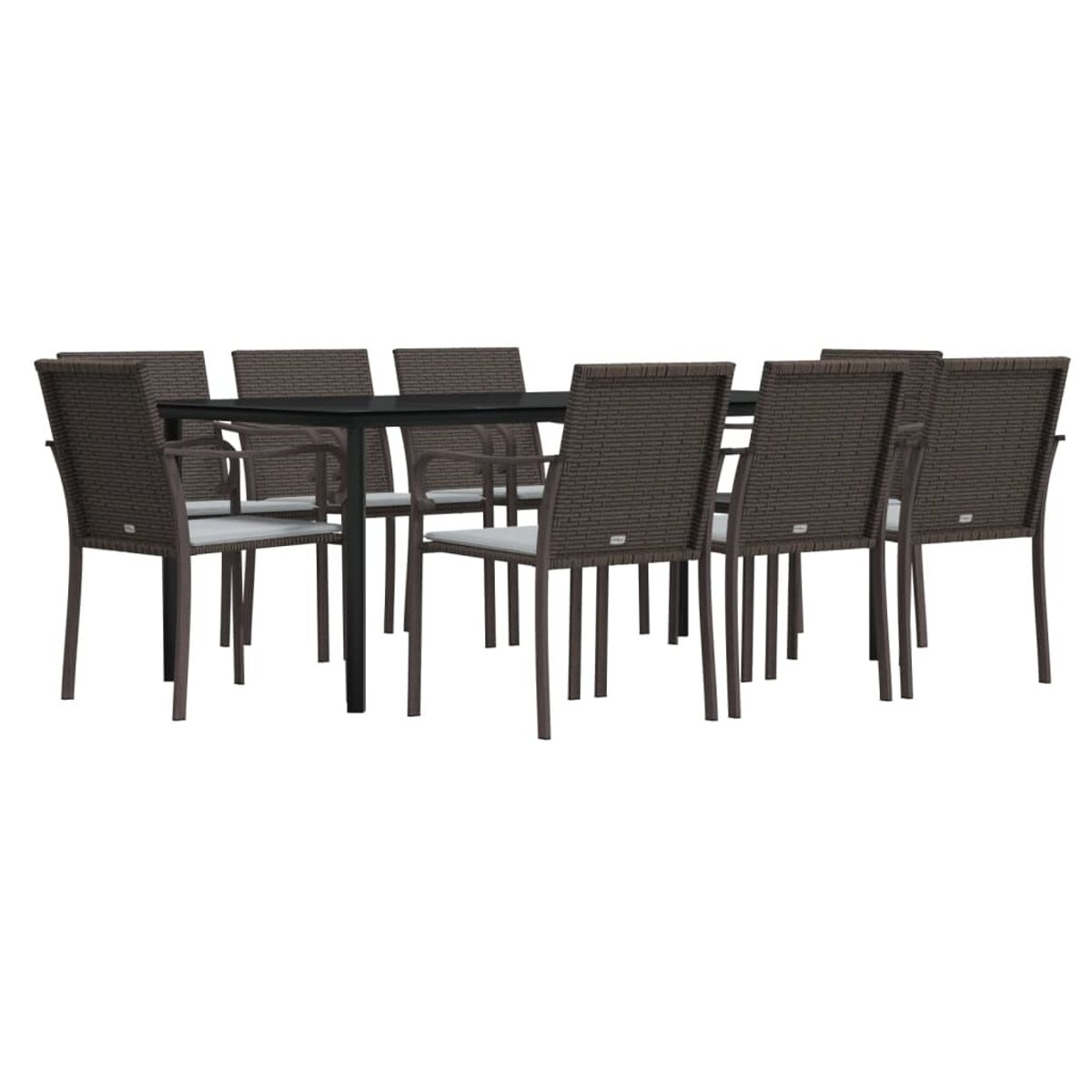 Ein Esszimmer-Set mit einem rechteckigen Tisch und acht Stühlen auf weißem Hintergrund.