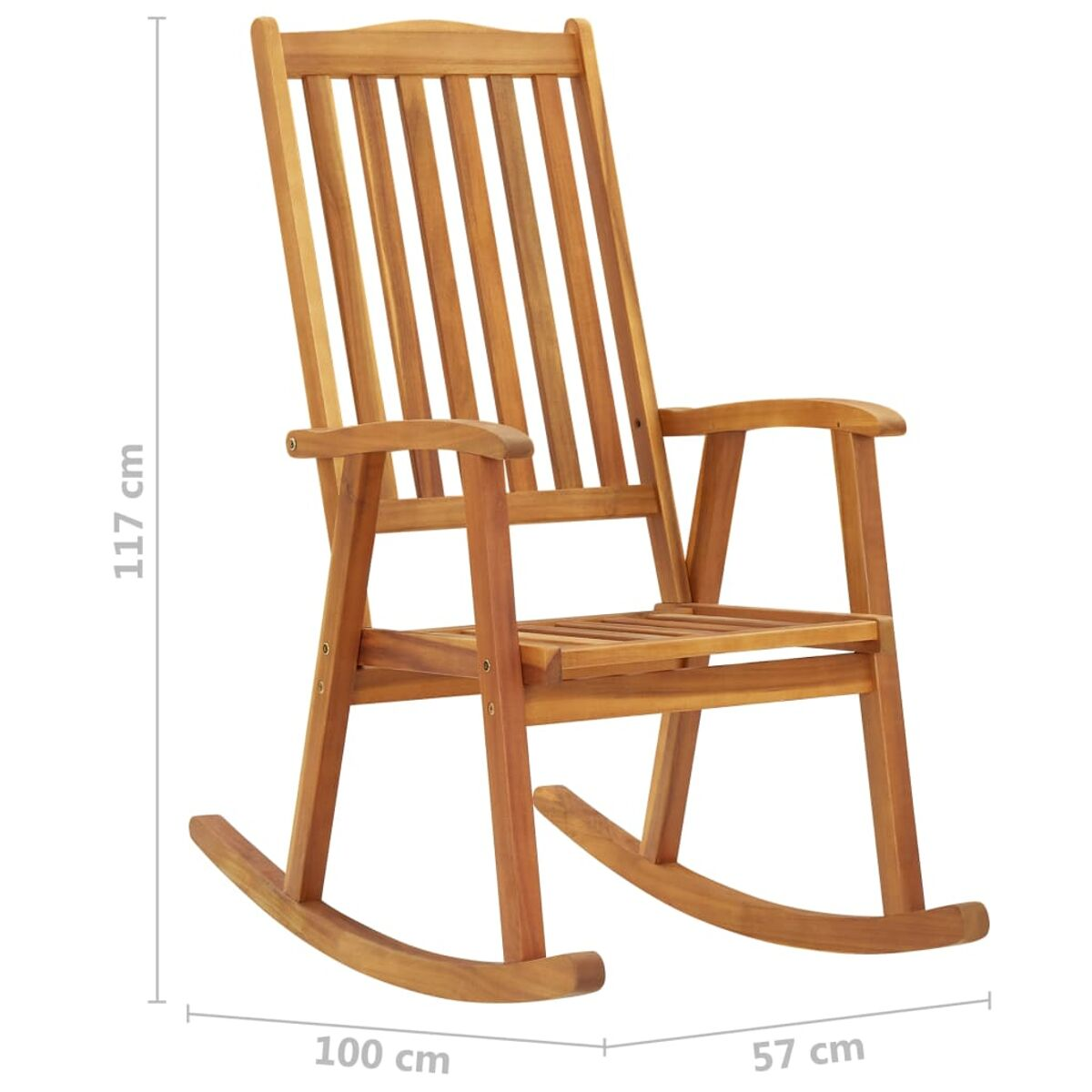 Schaukelstuhl aus Holz mit hohem Rücken und Armlehnen, Abmessungen gezeigt, isoliert auf weißem Grund.