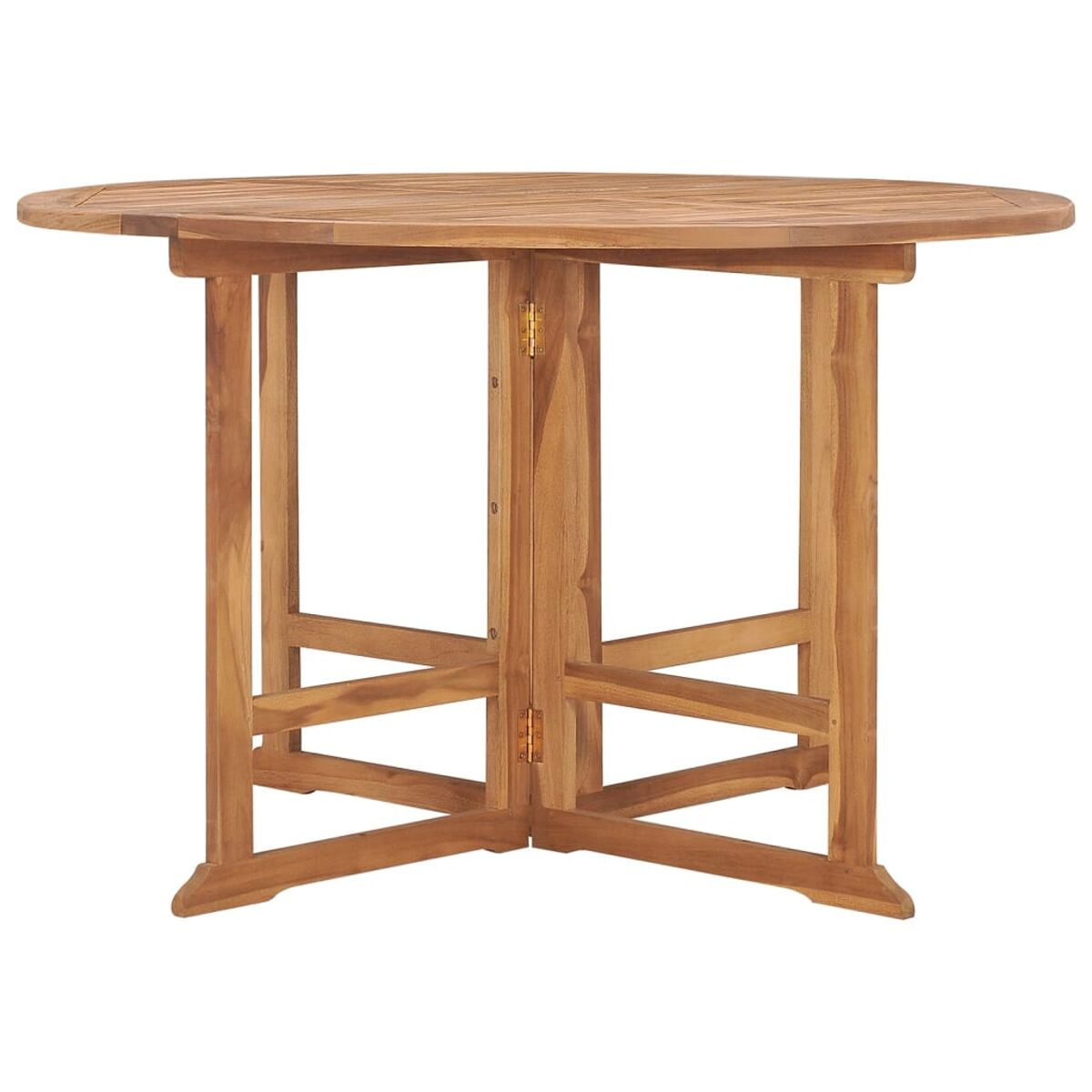Runder Holztisch für draußen mit Klappdesign. Der Tisch hat ein Holzgestell.
