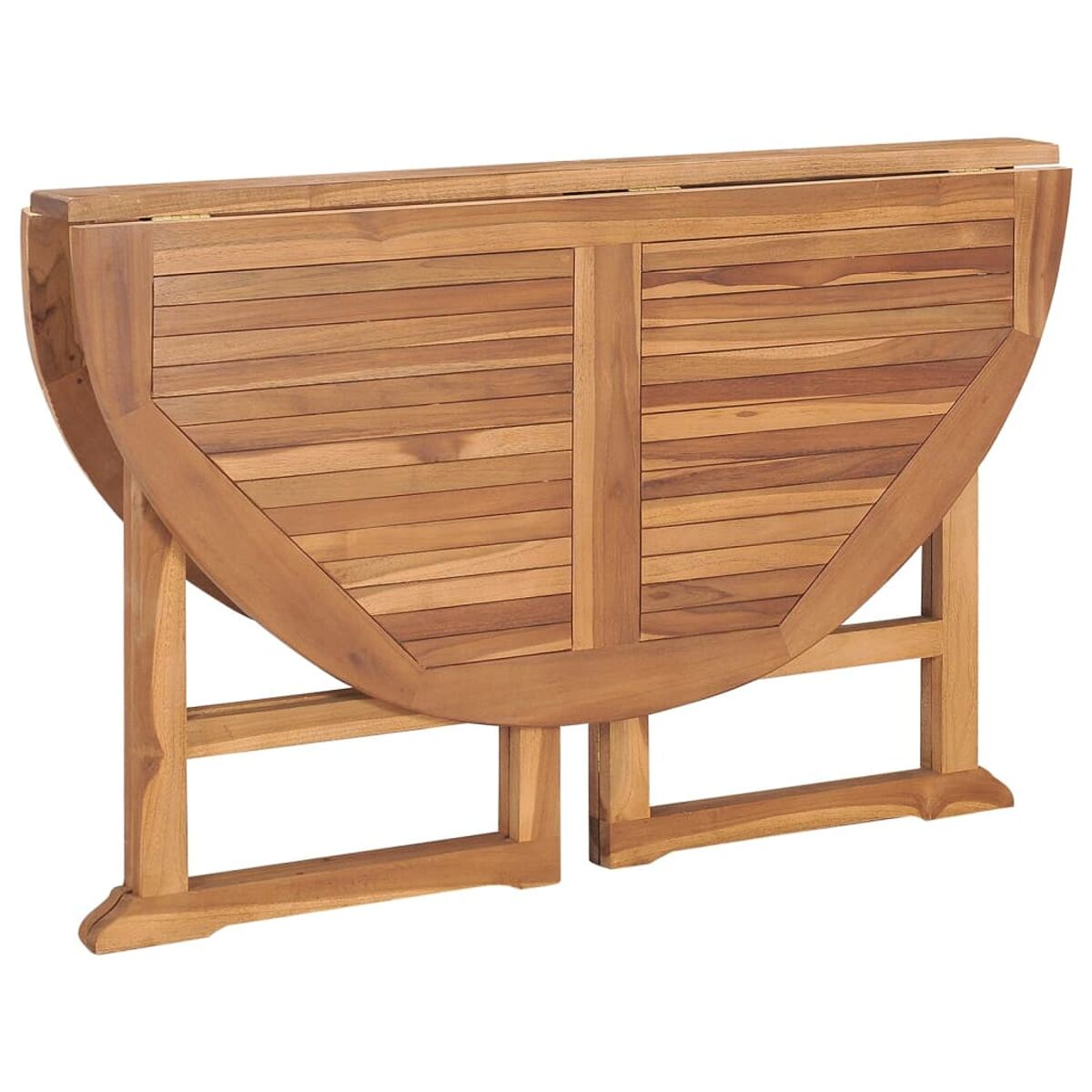 Klapptisch aus Holz mit offener Oberseite. Er hat eine braune Farbe und eine Halbkreisform.