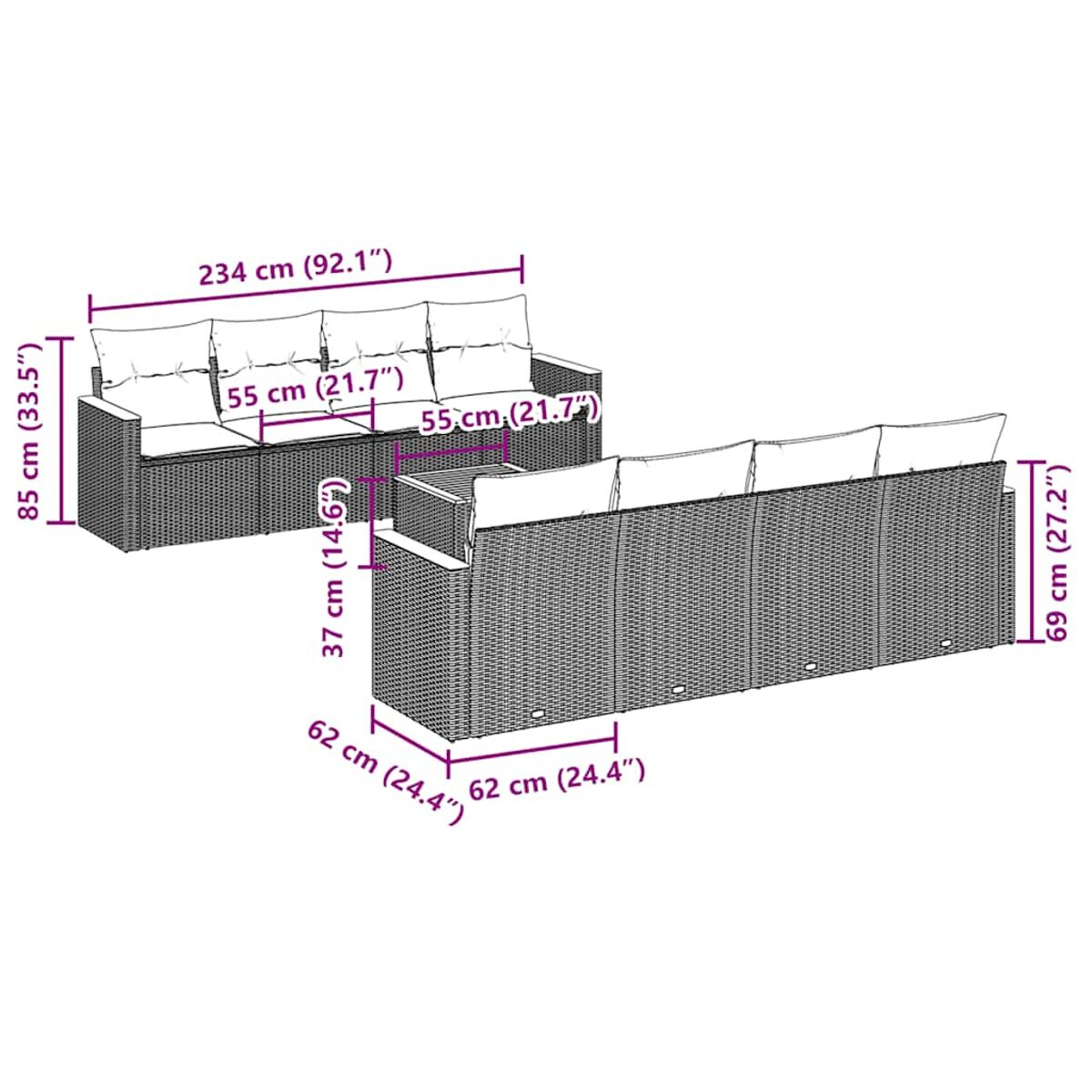 Gartenmöbel-Set mit Maßangaben. Es umfasst ein Sofa und einen Beistelltisch.