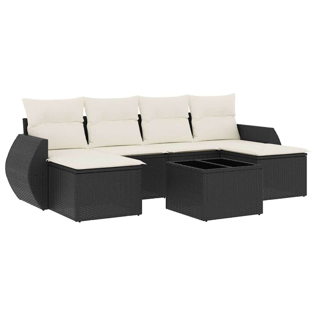 Schwarzes Ecksofa aus Korbgeflecht mit weißen Kissen und zwei quadratischen schwarzen Tischen.